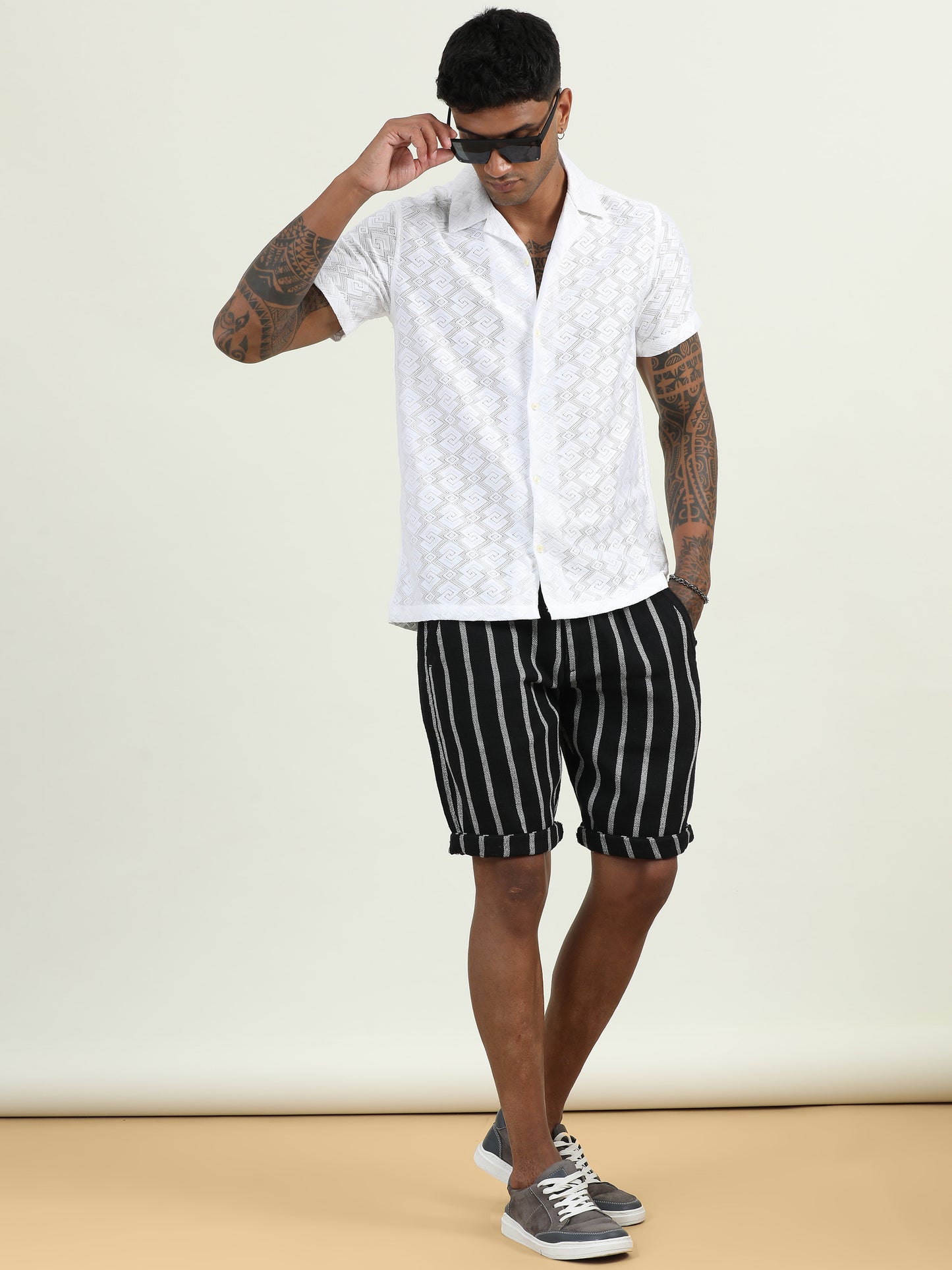 Elasticated Waist Zip Pocket Black Yarn Dyed Striped Shorts
