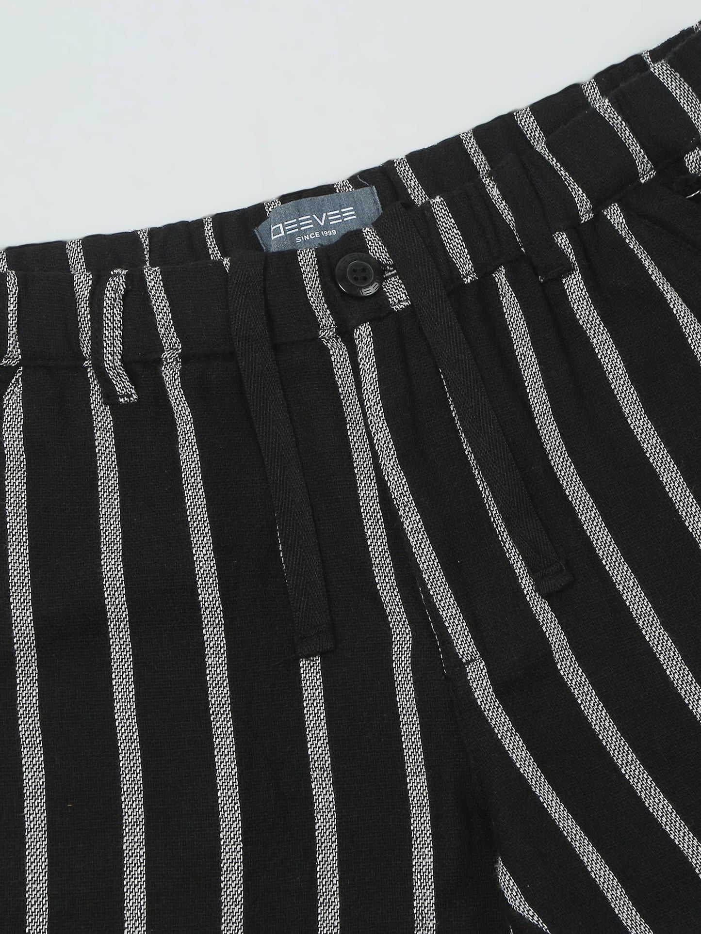Elasticated Waist Zip Pocket Black Yarn Dyed Striped Shorts