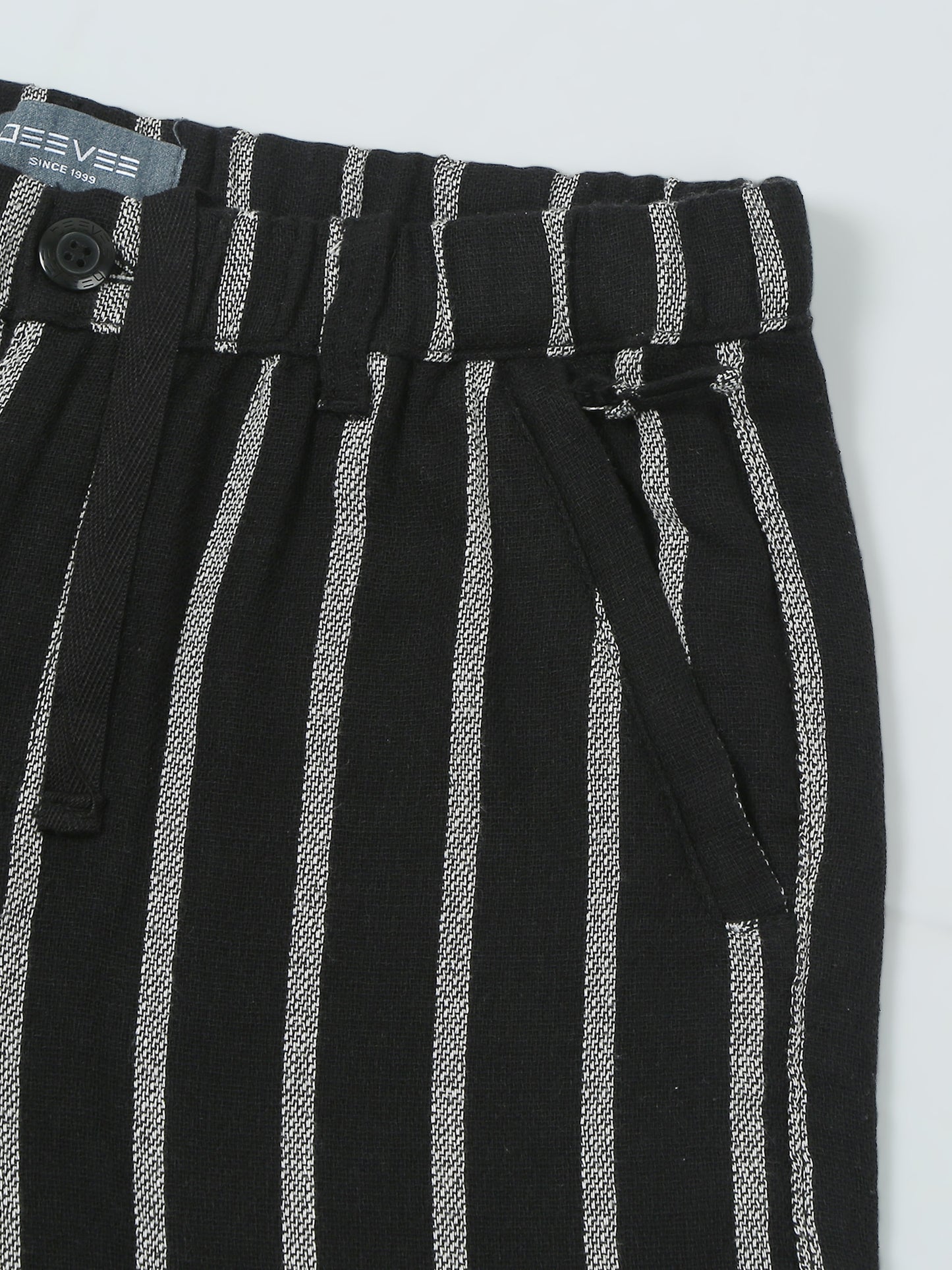 Elasticated Waist Zip Pocket Black Yarn Dyed Striped Shorts