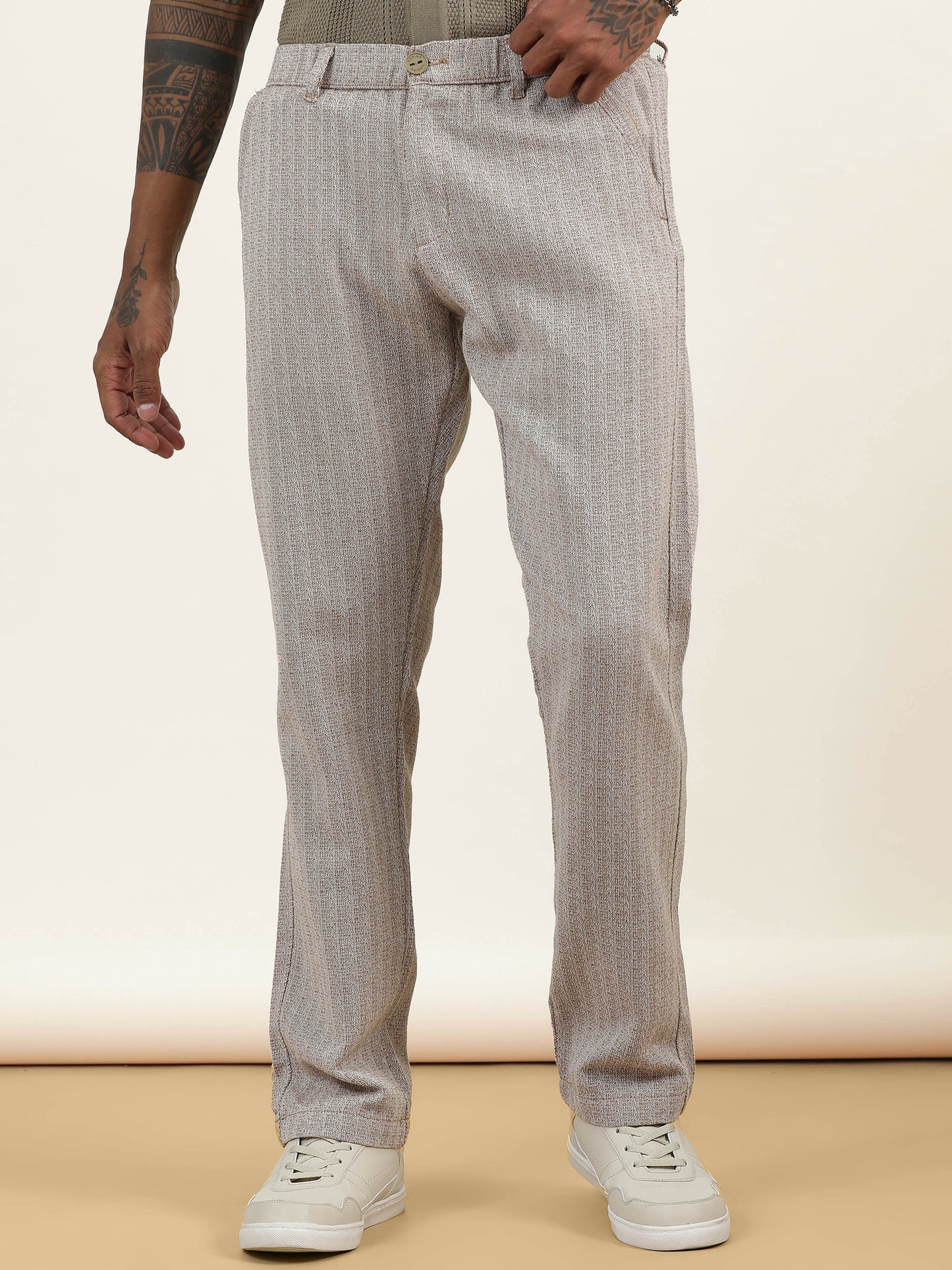 Yarn Dyed Elasticated  Waist Zip Pocket Khaki Lounge Pants