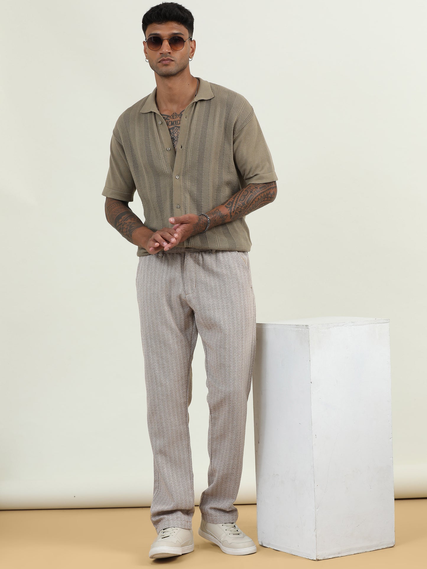 Yarn Dyed Elasticated  Waist Zip Pocket Khaki Lounge Pants