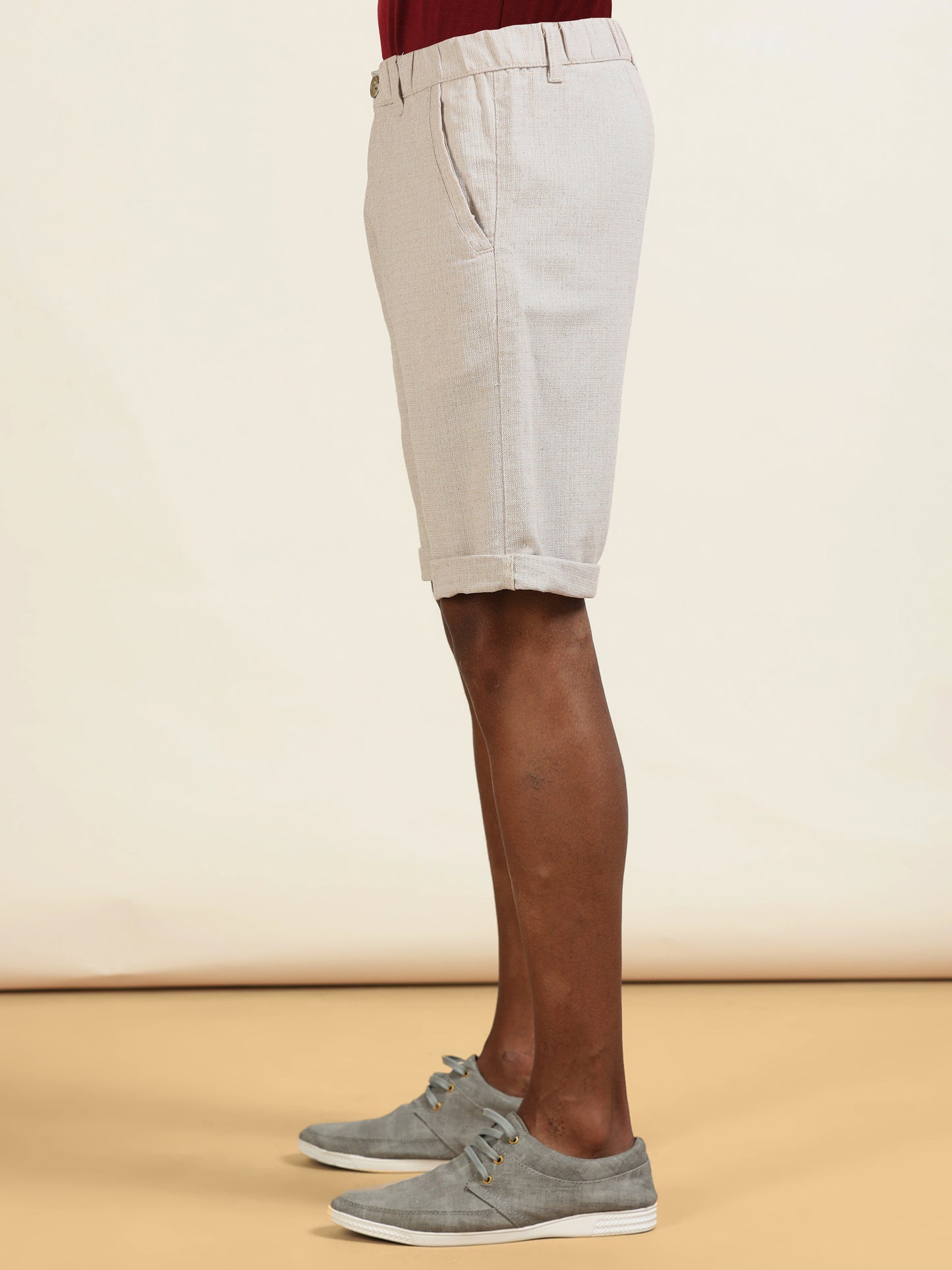 Elasticated Waist Zip Pocket Yarn Dyed Beige Shorts