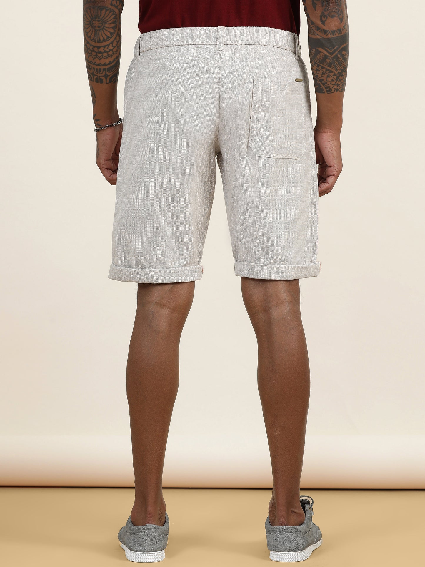 Elasticated Waist Zip Pocket Yarn Dyed Beige Shorts