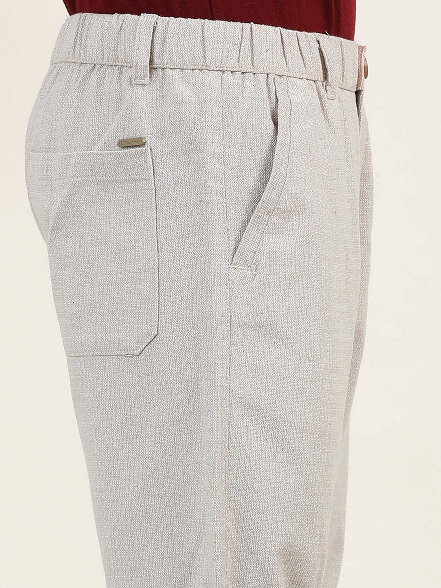Elasticated Waist Zip Pocket Yarn Dyed Beige Shorts
