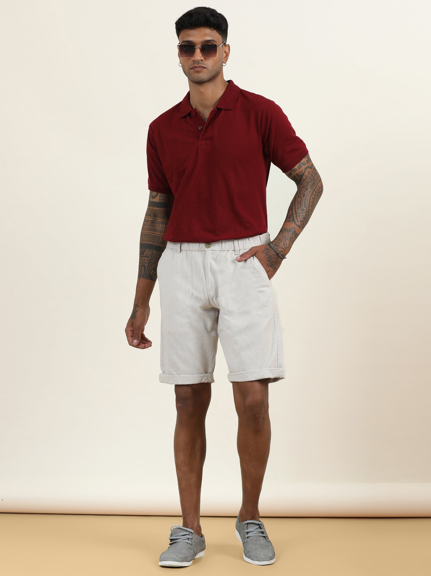 Elasticated Waist Zip Pocket Yarn Dyed Beige Shorts