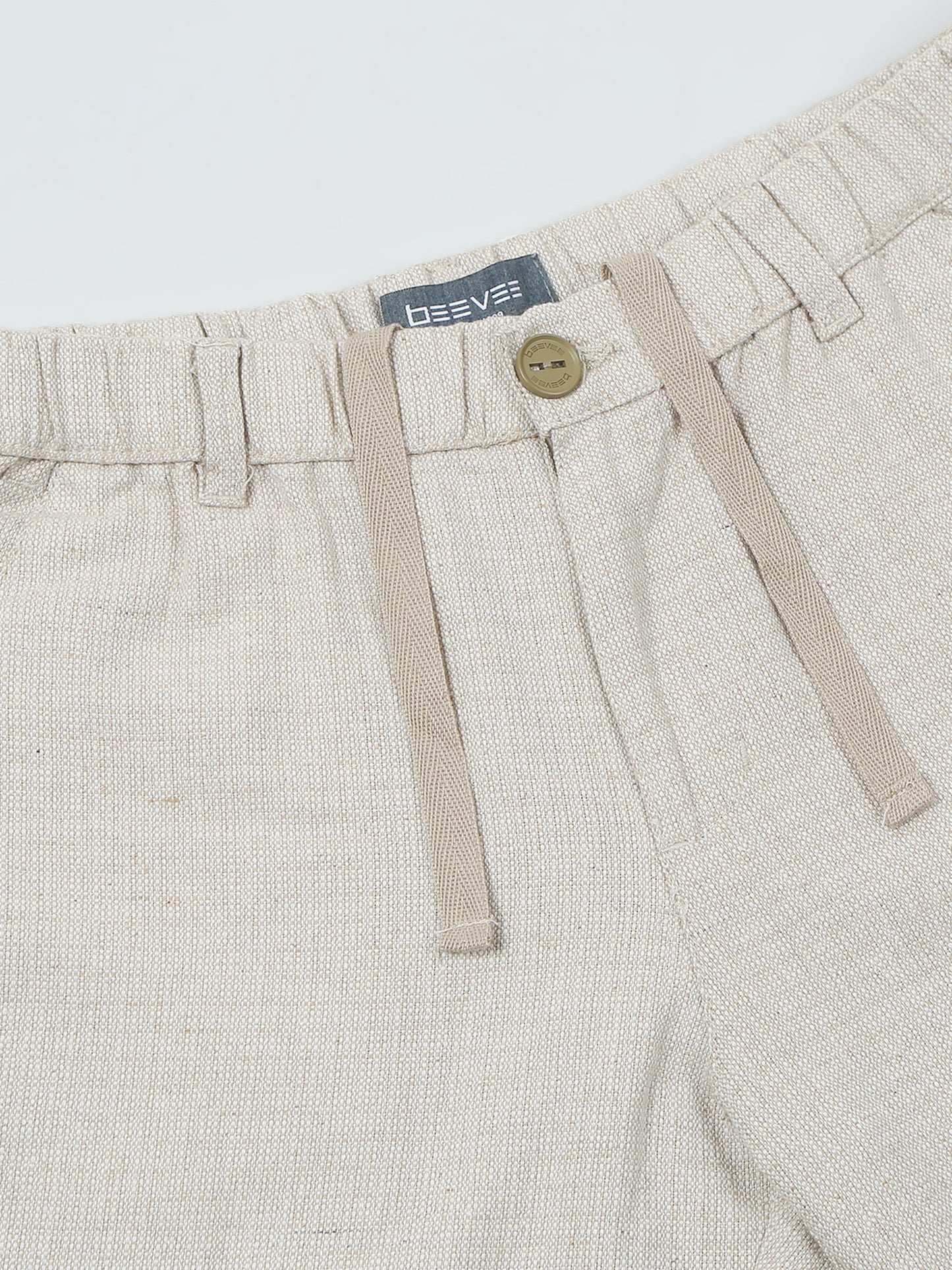 Elasticated Waist Zip Pocket Yarn Dyed Beige Shorts