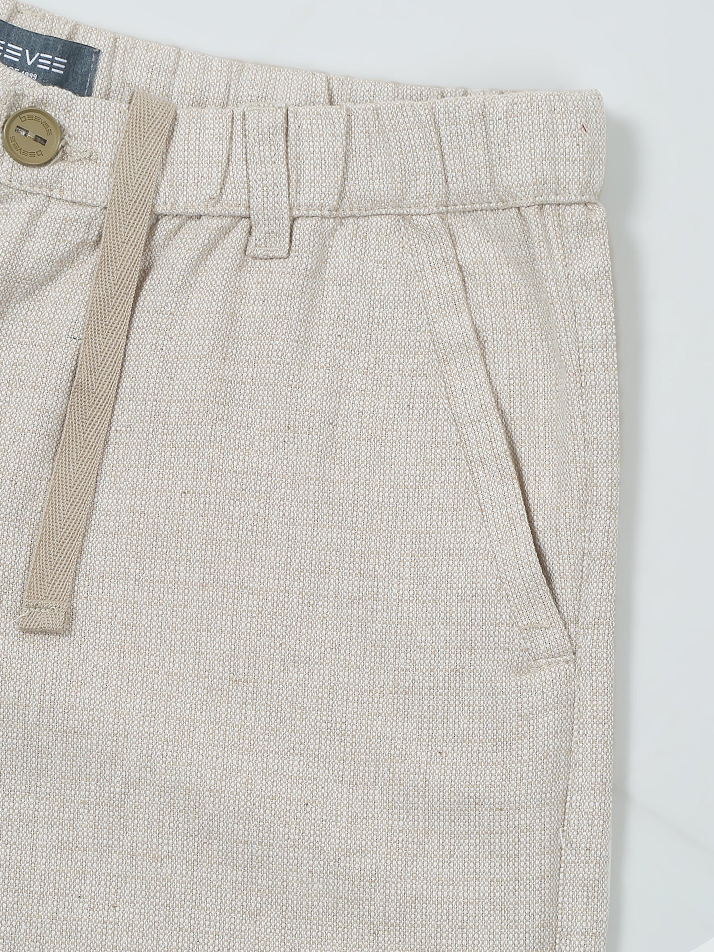Elasticated Waist Zip Pocket Yarn Dyed Beige Shorts