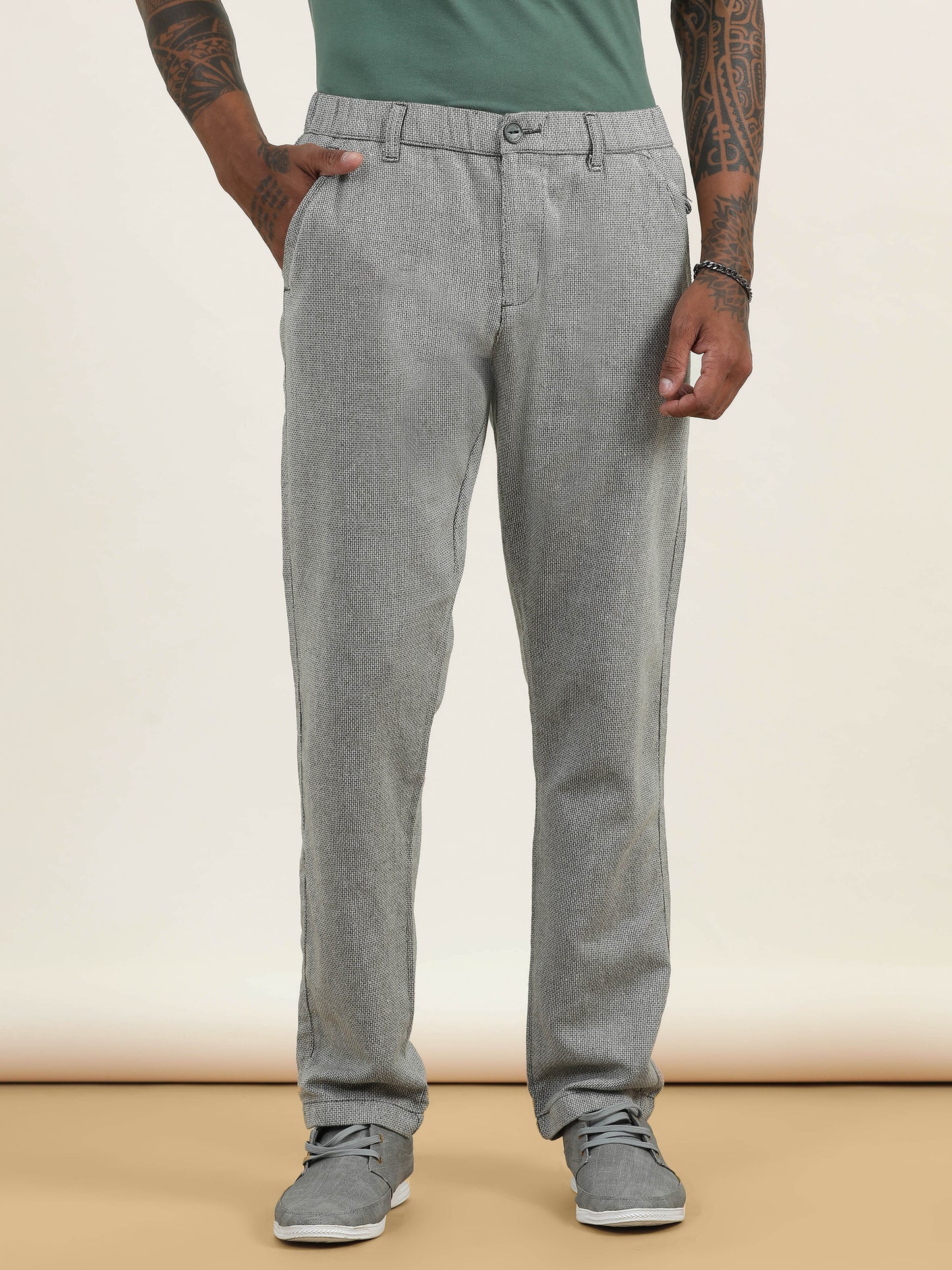Yarn Dyed Elasticated  Waist Zip Pocket Olive Lounge Pants