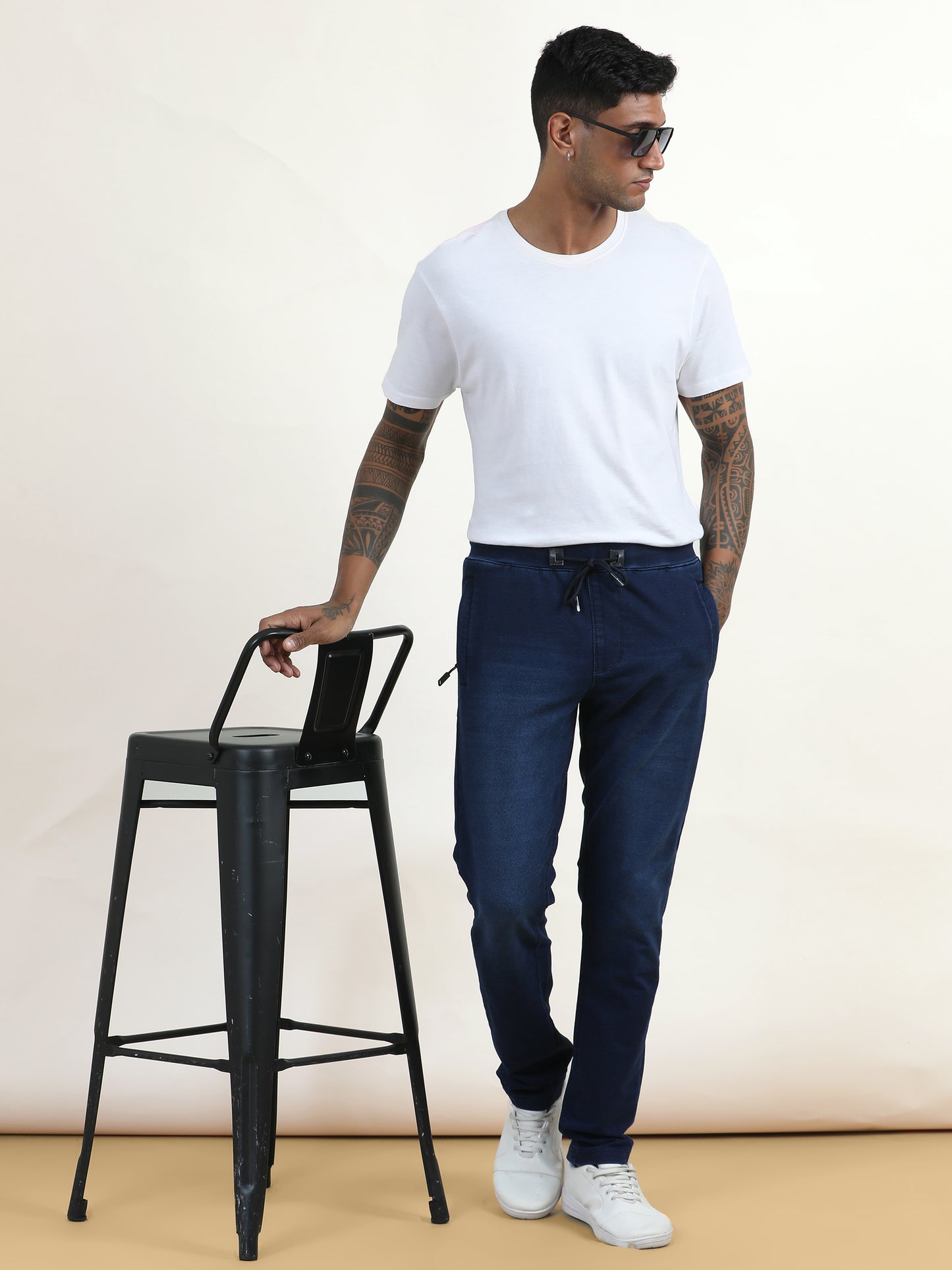 Blue Washed Elasticated Knit Denim Lounge Pants