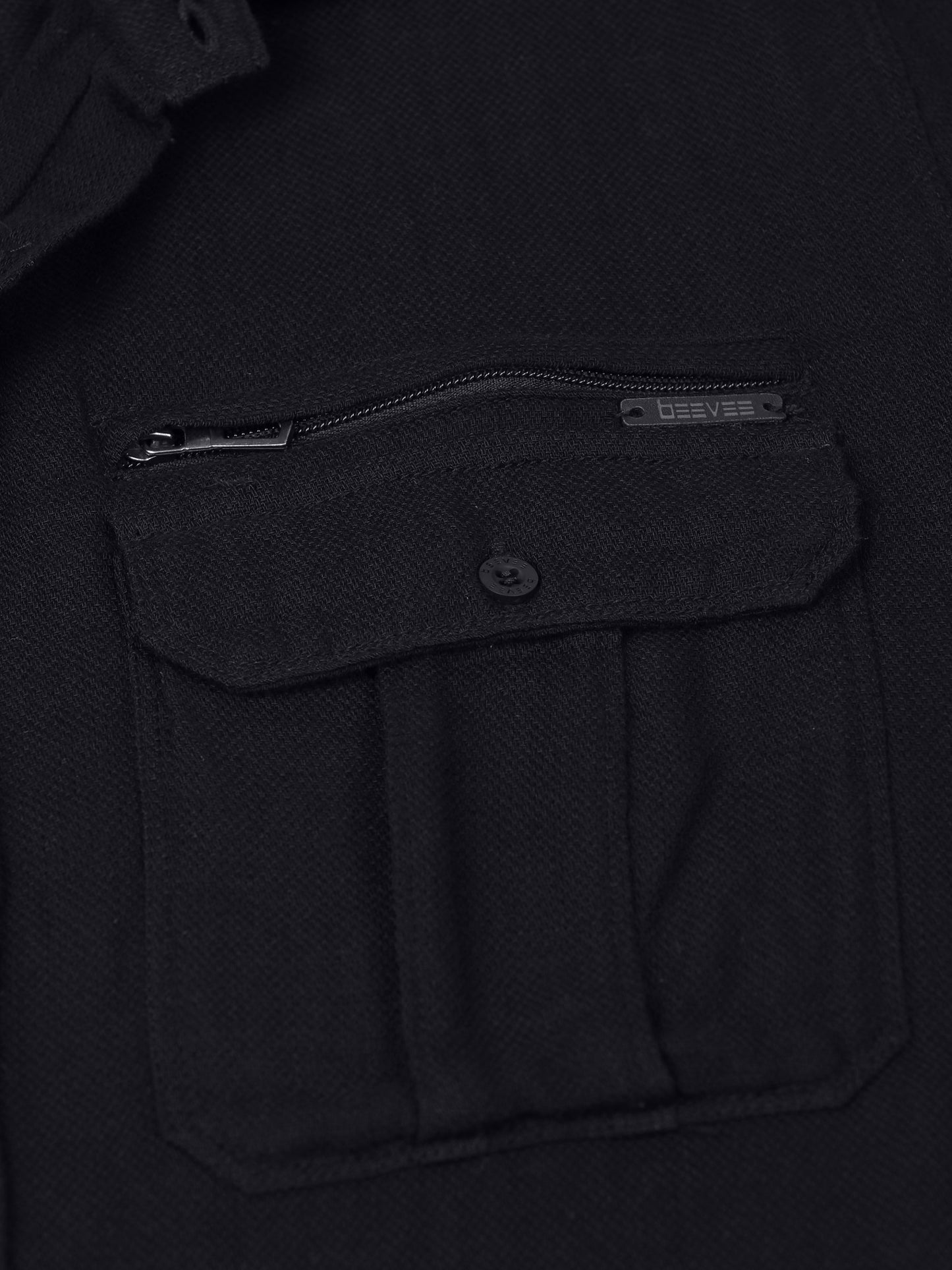 Multi Pocket Waffle Structured Solid Black Shirt