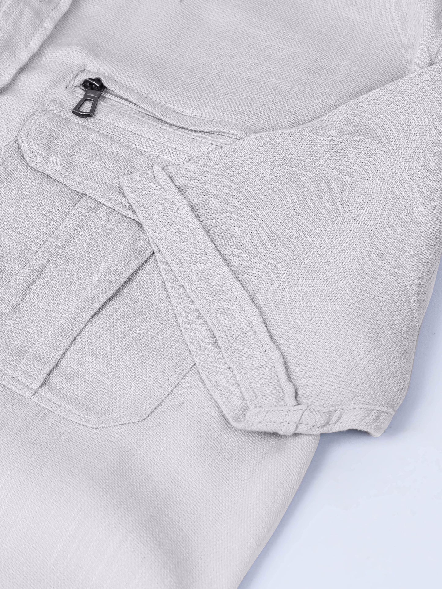 Multi Pocket Waffle Structure Solid Light Grey Shirt