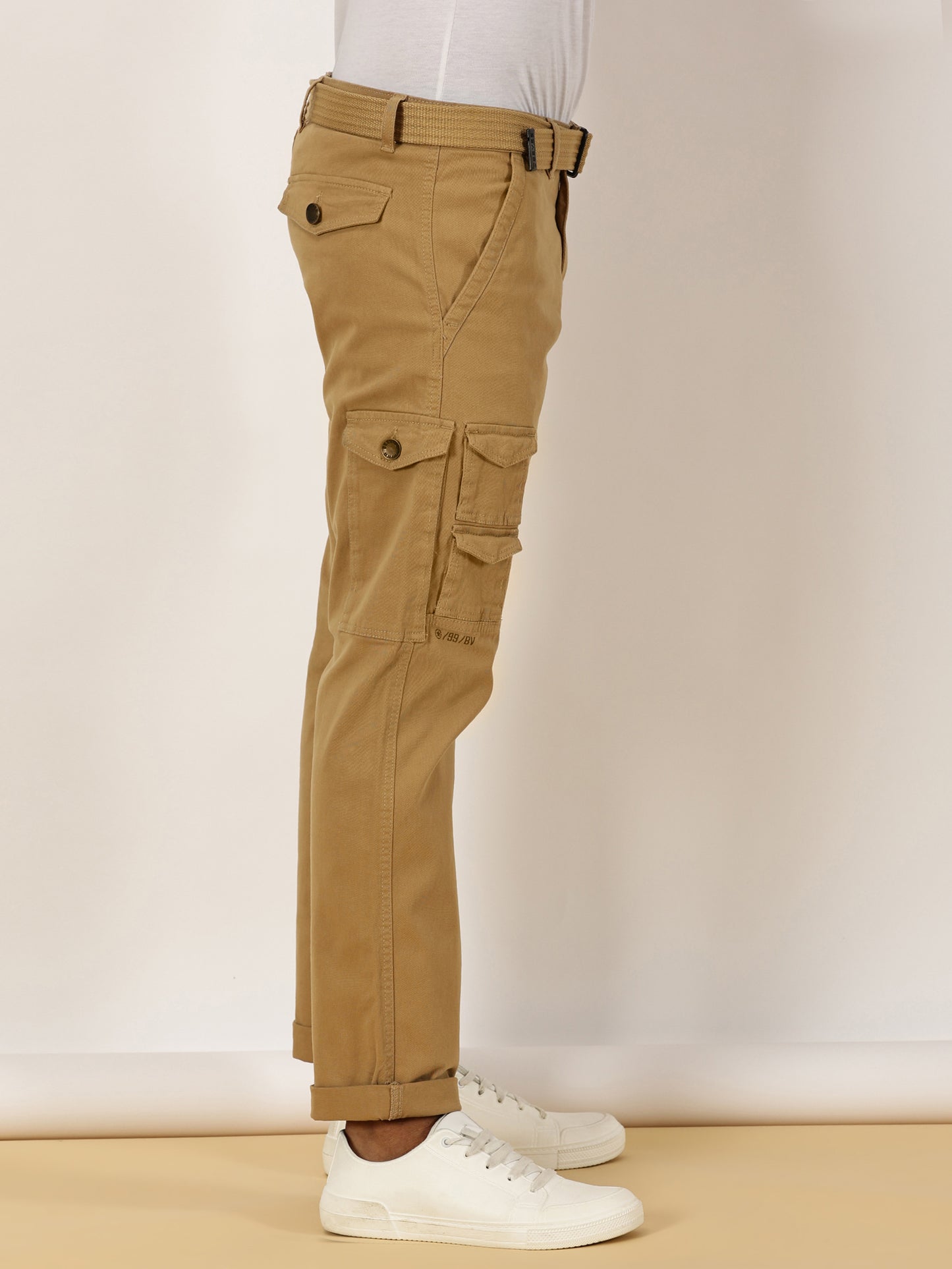 Zip Pocket Stretchable Khaki Cargo With Belt
