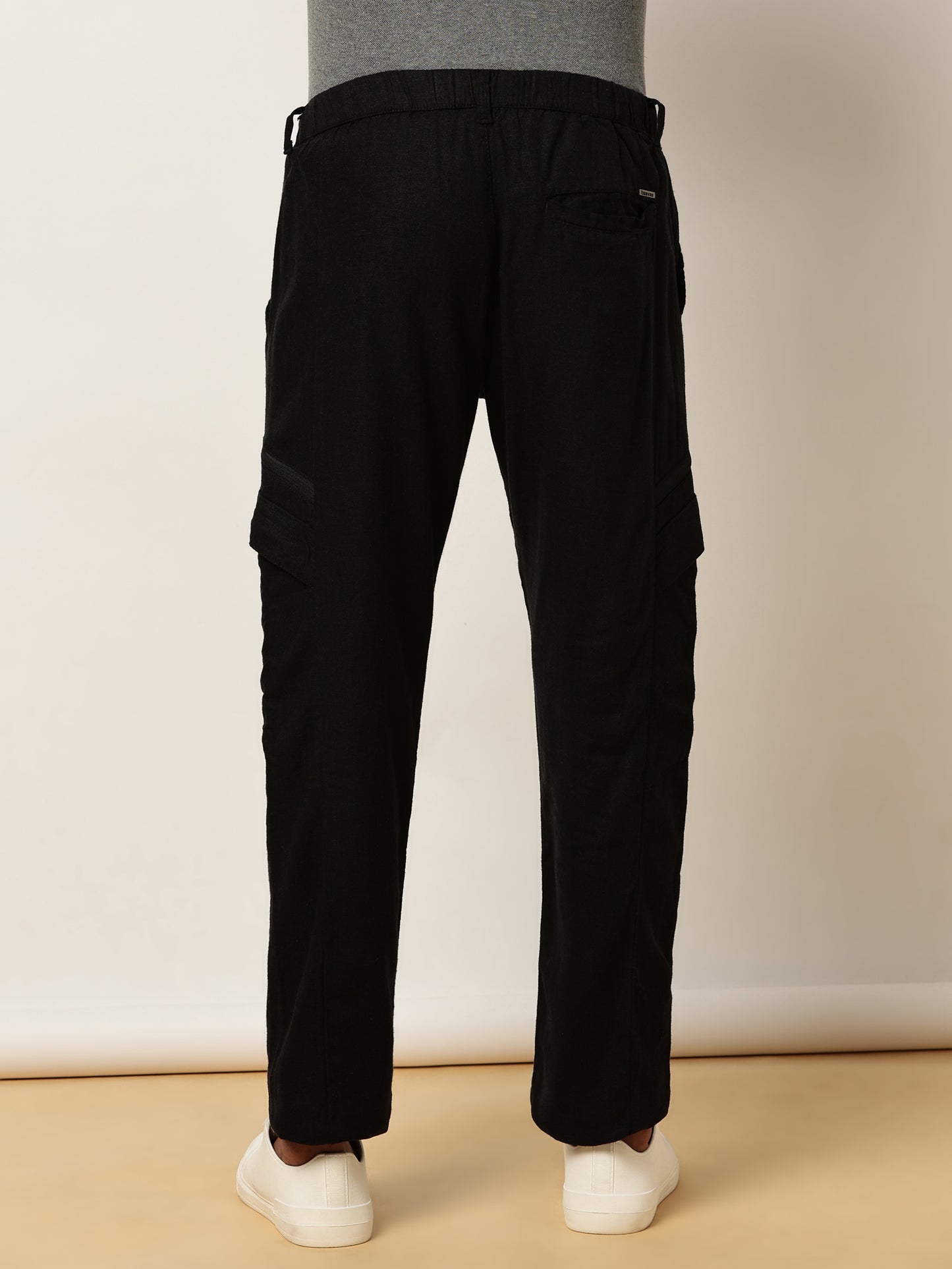 Linen Elasticated Waist Zip Pocket Black Lounge Pants
