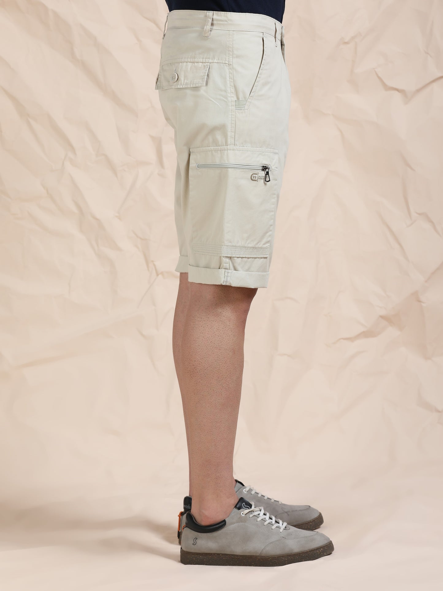 Solid Beige Cotton Shorts
