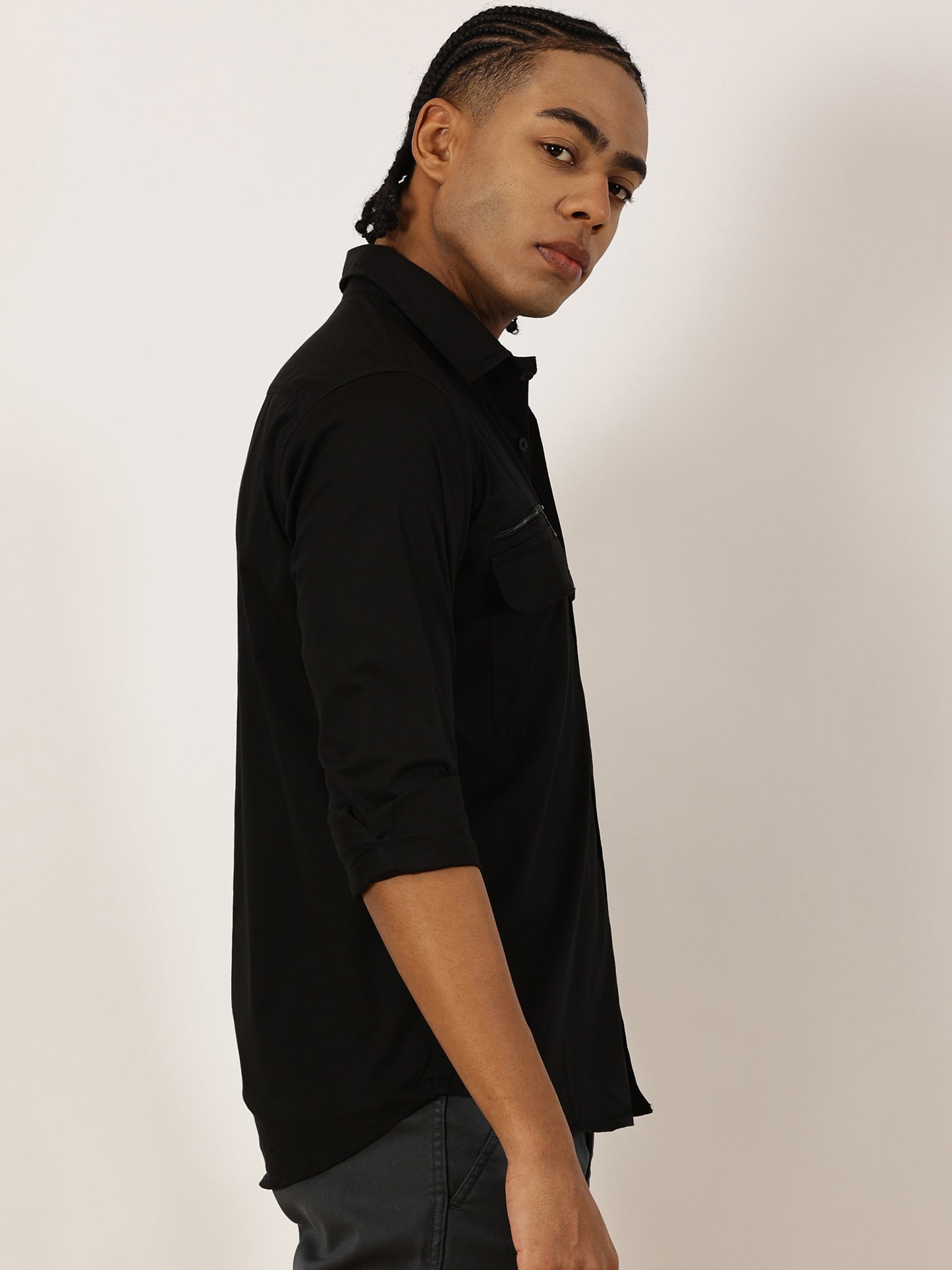 Zip Pocket Stretchable Black Cargo Shirt