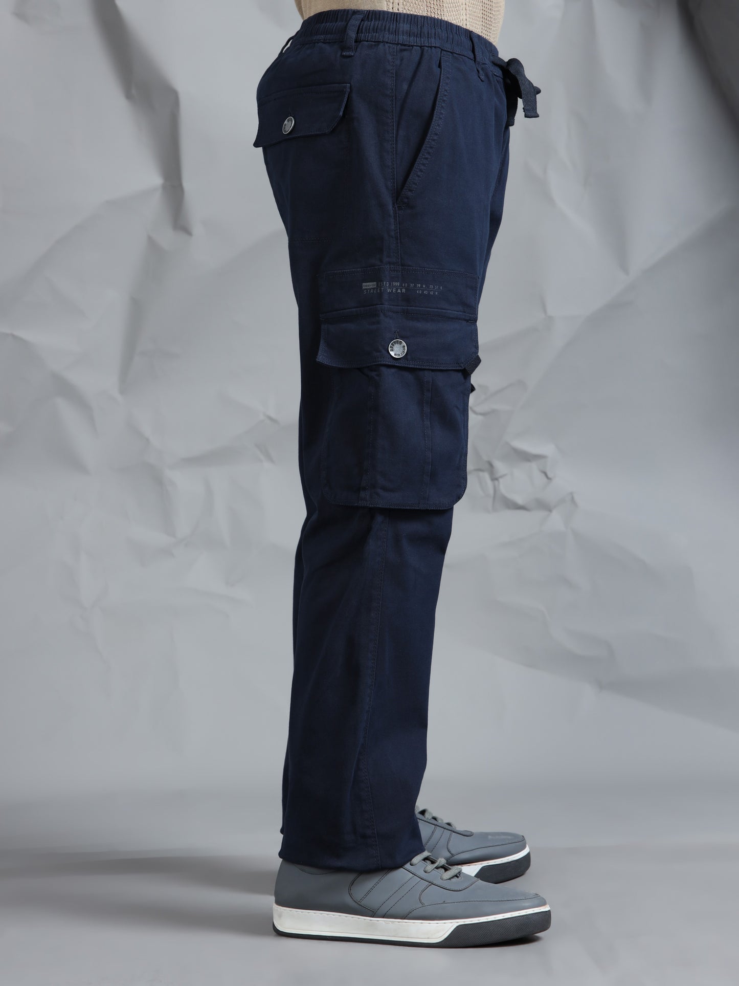 Cotton Lycra Navy Blue  Mid Rise Cargo Pant with 7 Pockets  Drawstring Closure