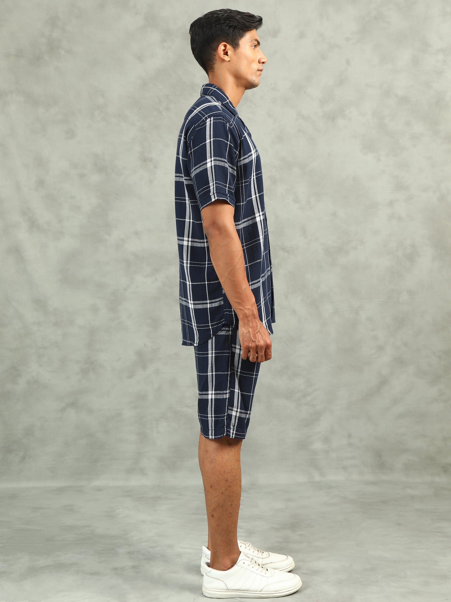 Checkered Navy Regular Fit Knee-Length Casual Co-ord Set