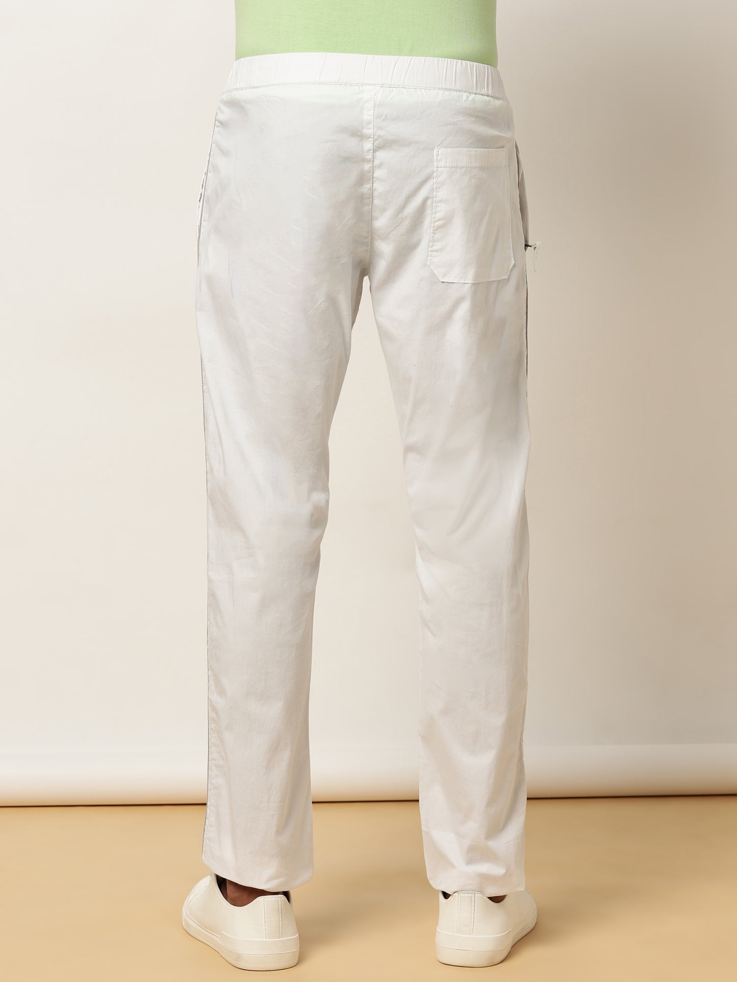 Elasticated Waist Zip Pocket Stretchable White Lounge Pants with Side Tape