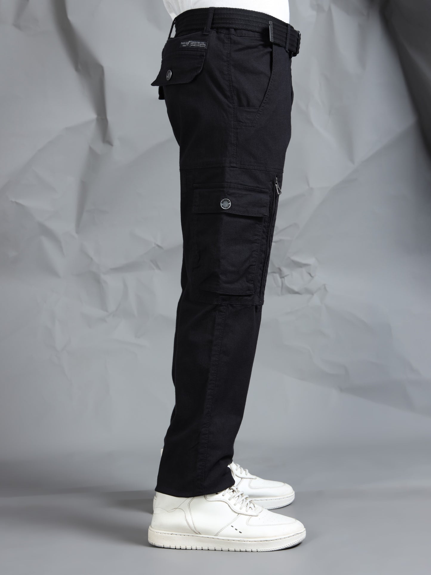 Cotton Lycra  Black Mid Rise Cargo Pant with 8 Pockets