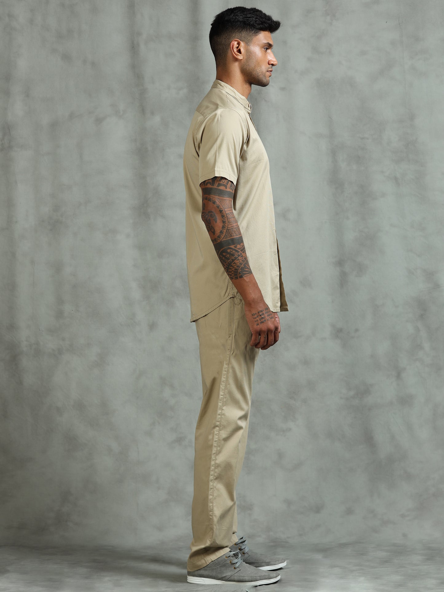 Beige Regular Fit Half Sleeve Solid Casual Co-ord Sets