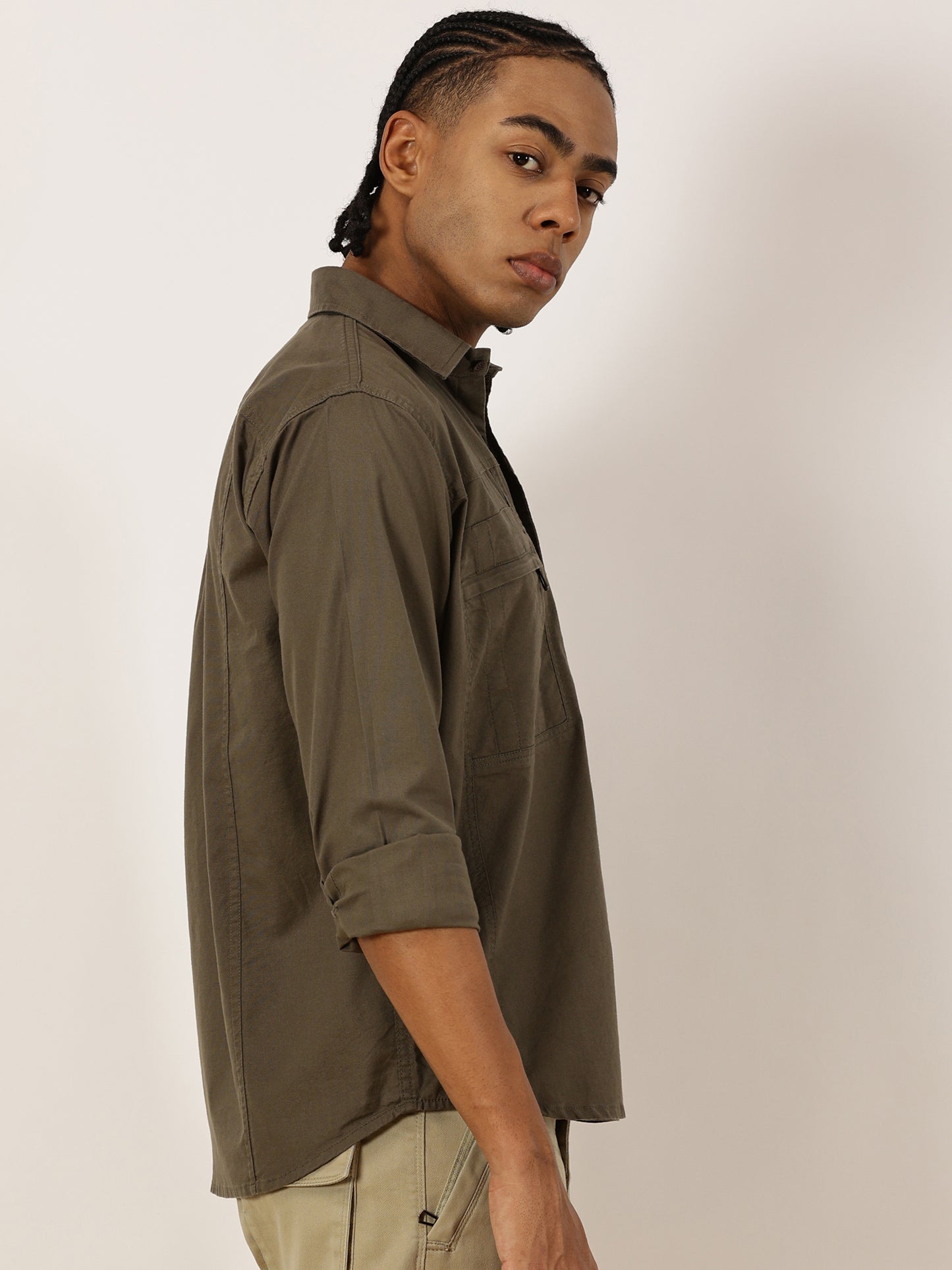 Multi Pocket with Zip Stretchable Green Cargo Shirt