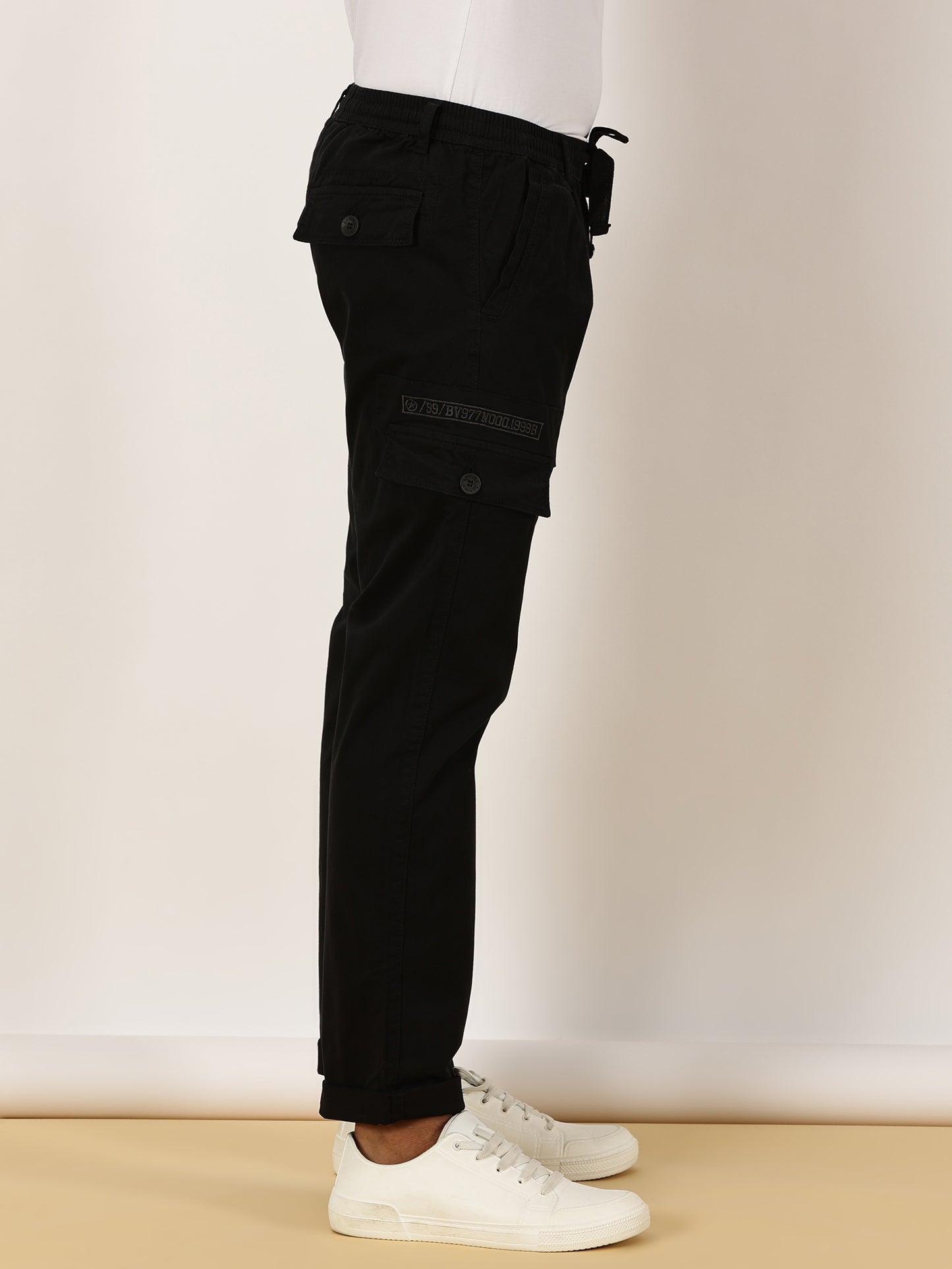 Elasticated Waist Multi Pocket Stretchable Black Cargo