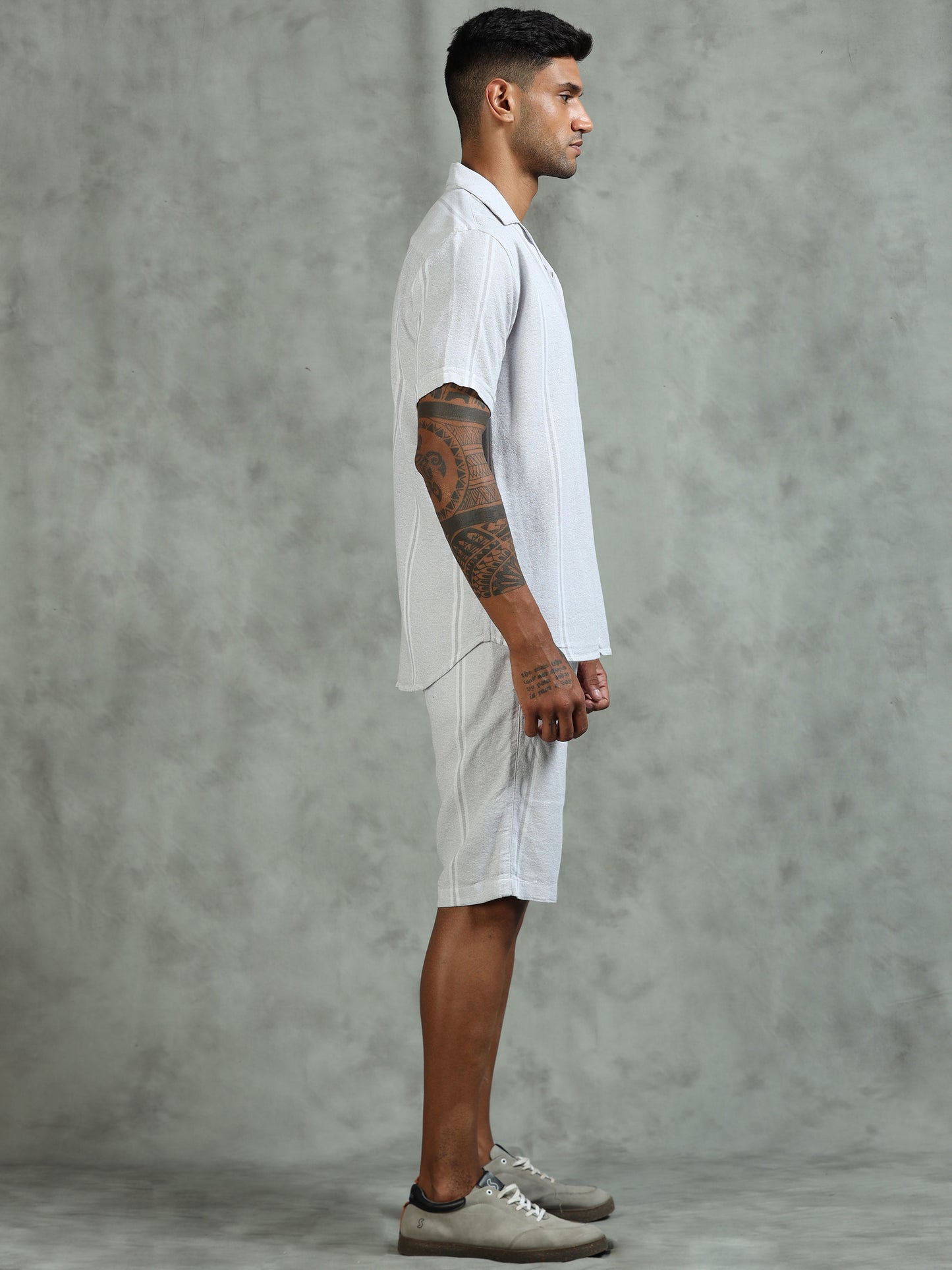 Striped Grey Regular Fit Knee-Length Casual Co-ord Set