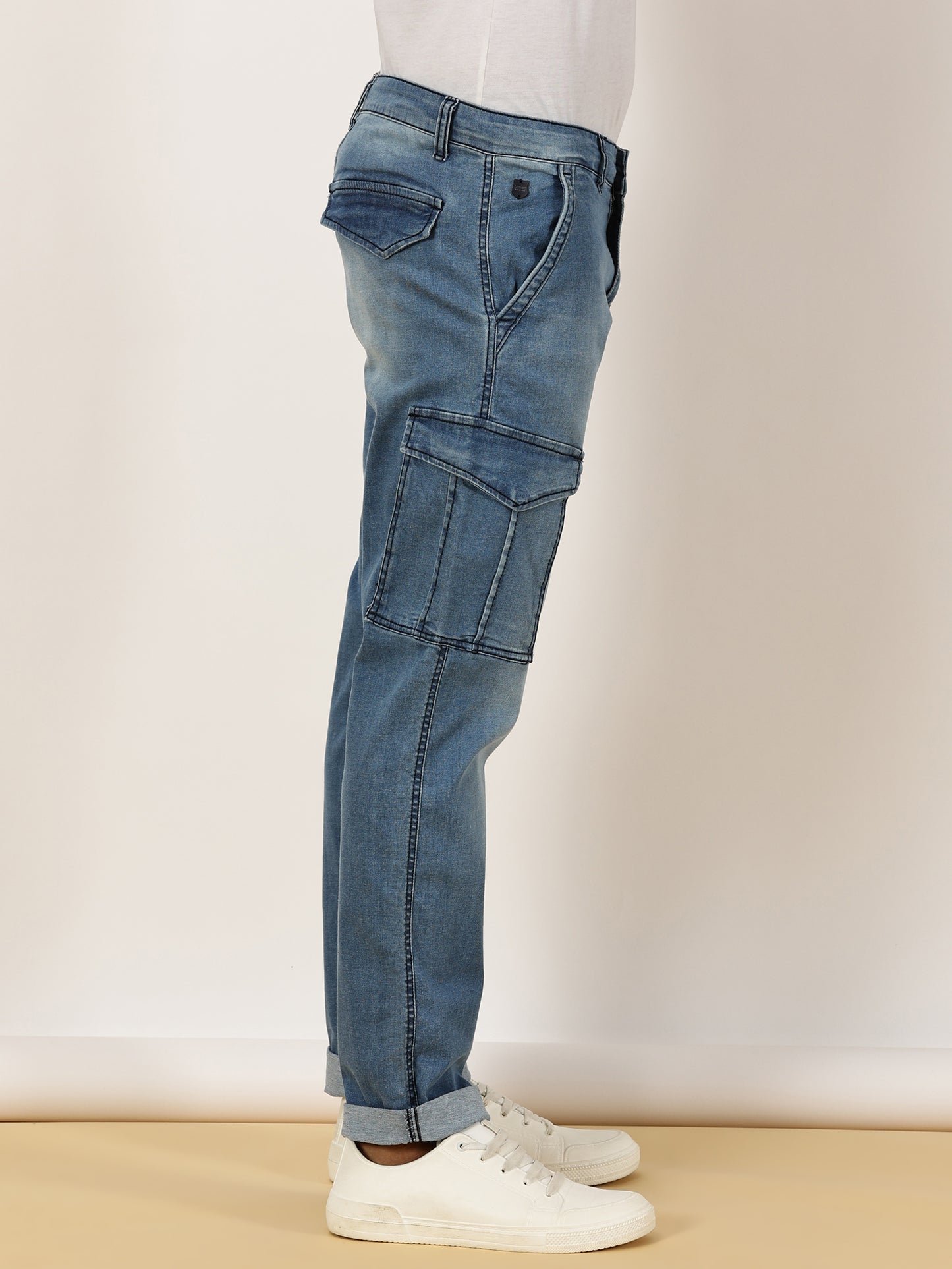 Multi Pocket Stretchable Light Blue Denim Cargo