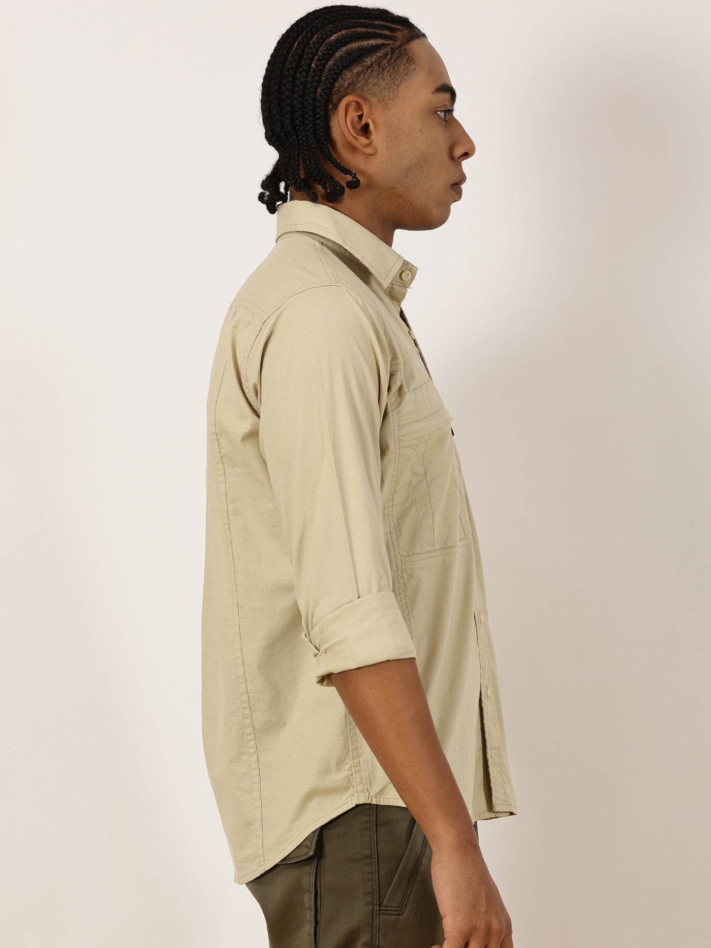 Multi Pocket with Zip Stretchable Beige Cargo Shirt