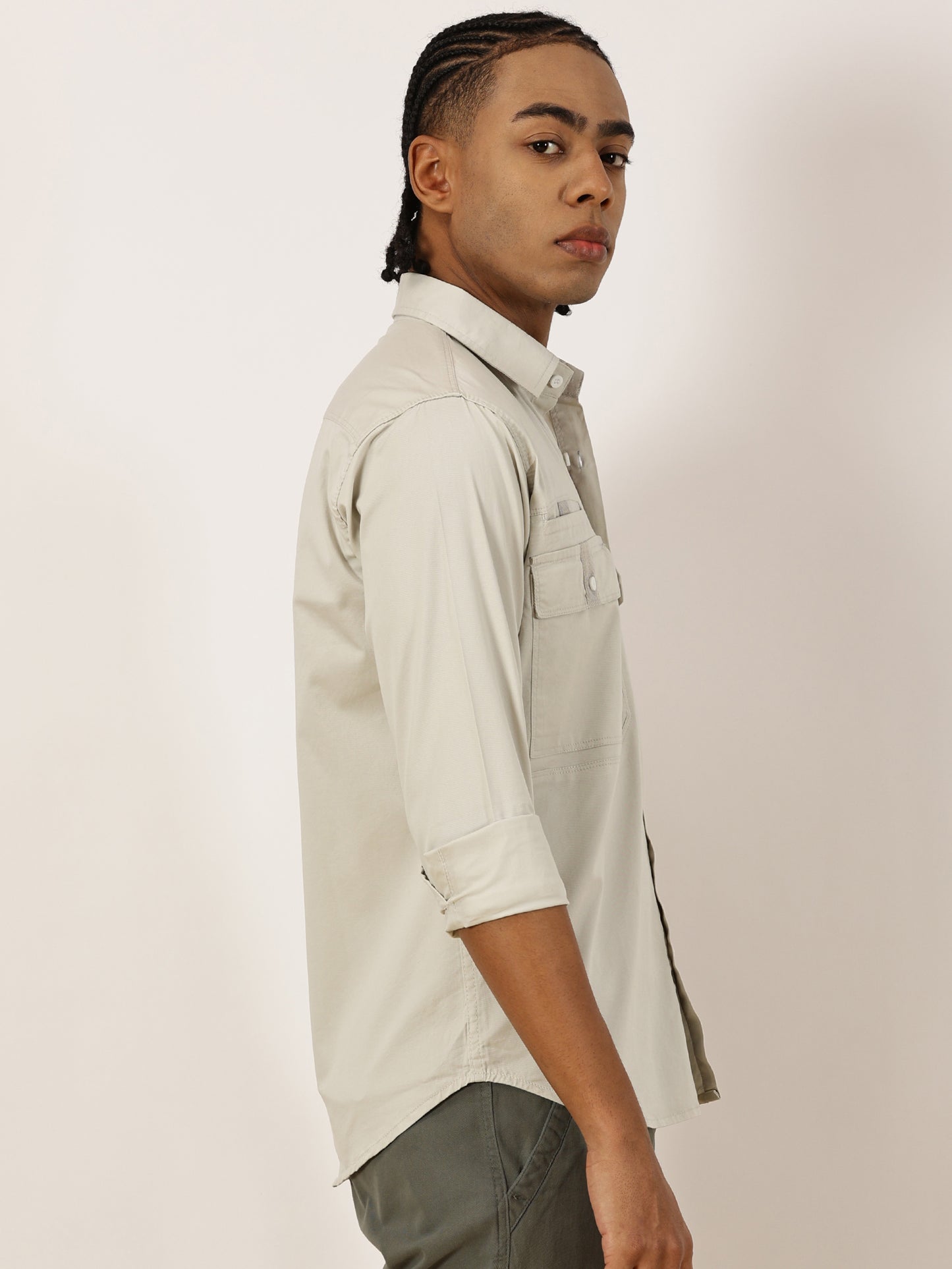 Double Pocket Stretchable Grey Cargo Shirt