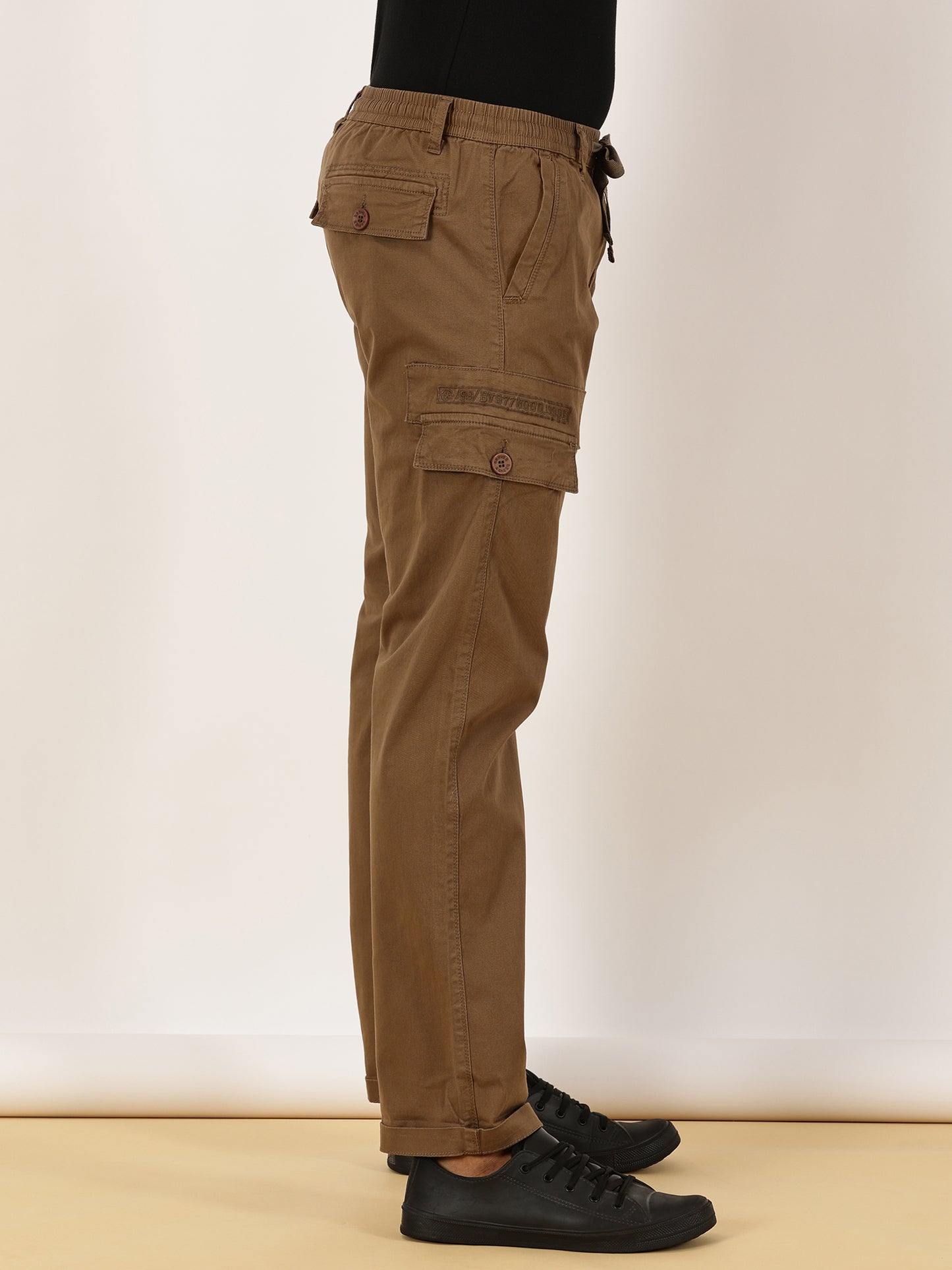 Elasticated Waist Multi Pocket Stretchable Brown Cargo