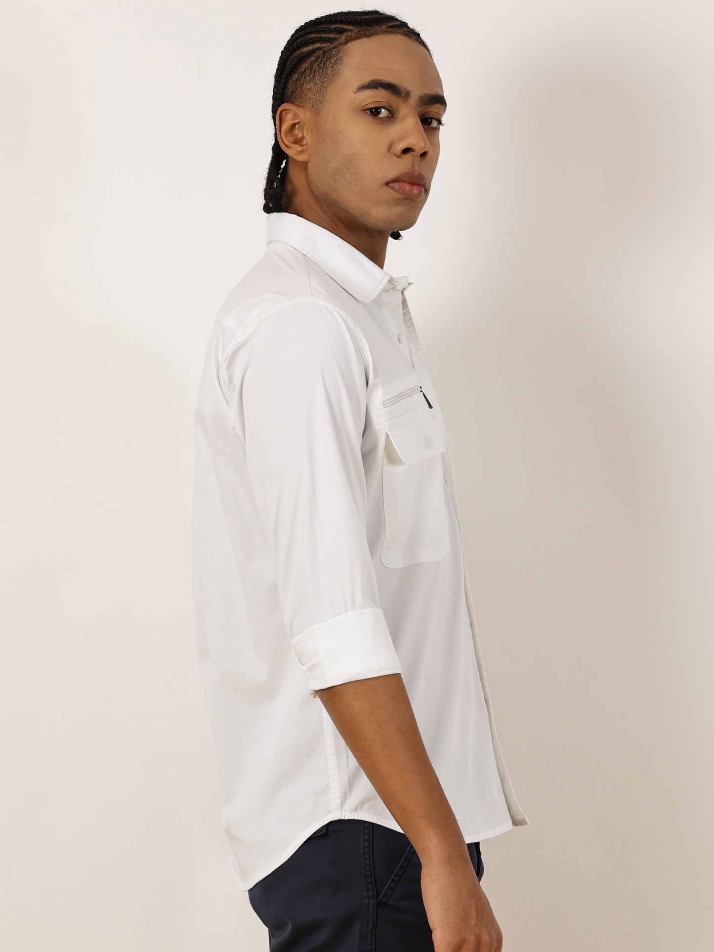 Zip Pocket Stretchable White Cargo Shirt