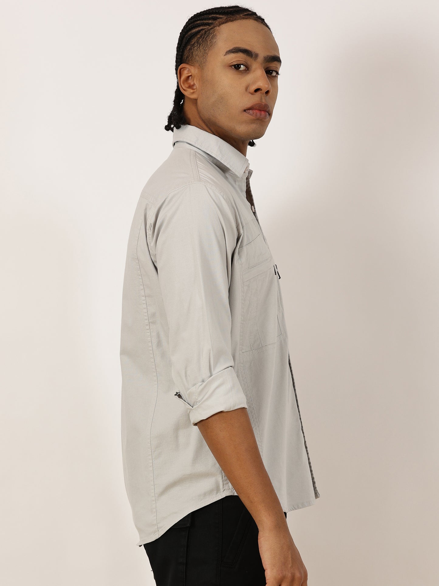 Multi Pocket with Zip Stretchable Light Grey Cargo Shirt