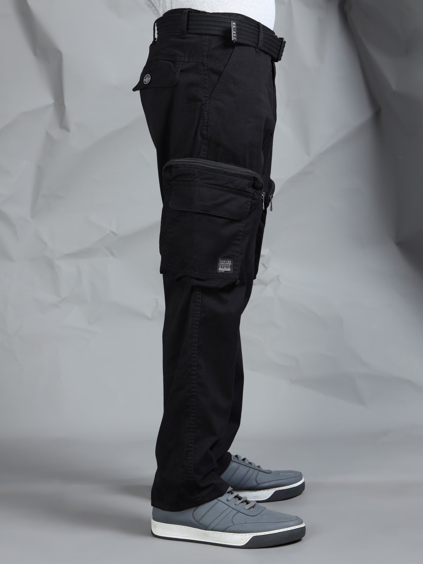 Cotton Lycra  Black Mid Rise Cargo Pant with 8 Pockets
