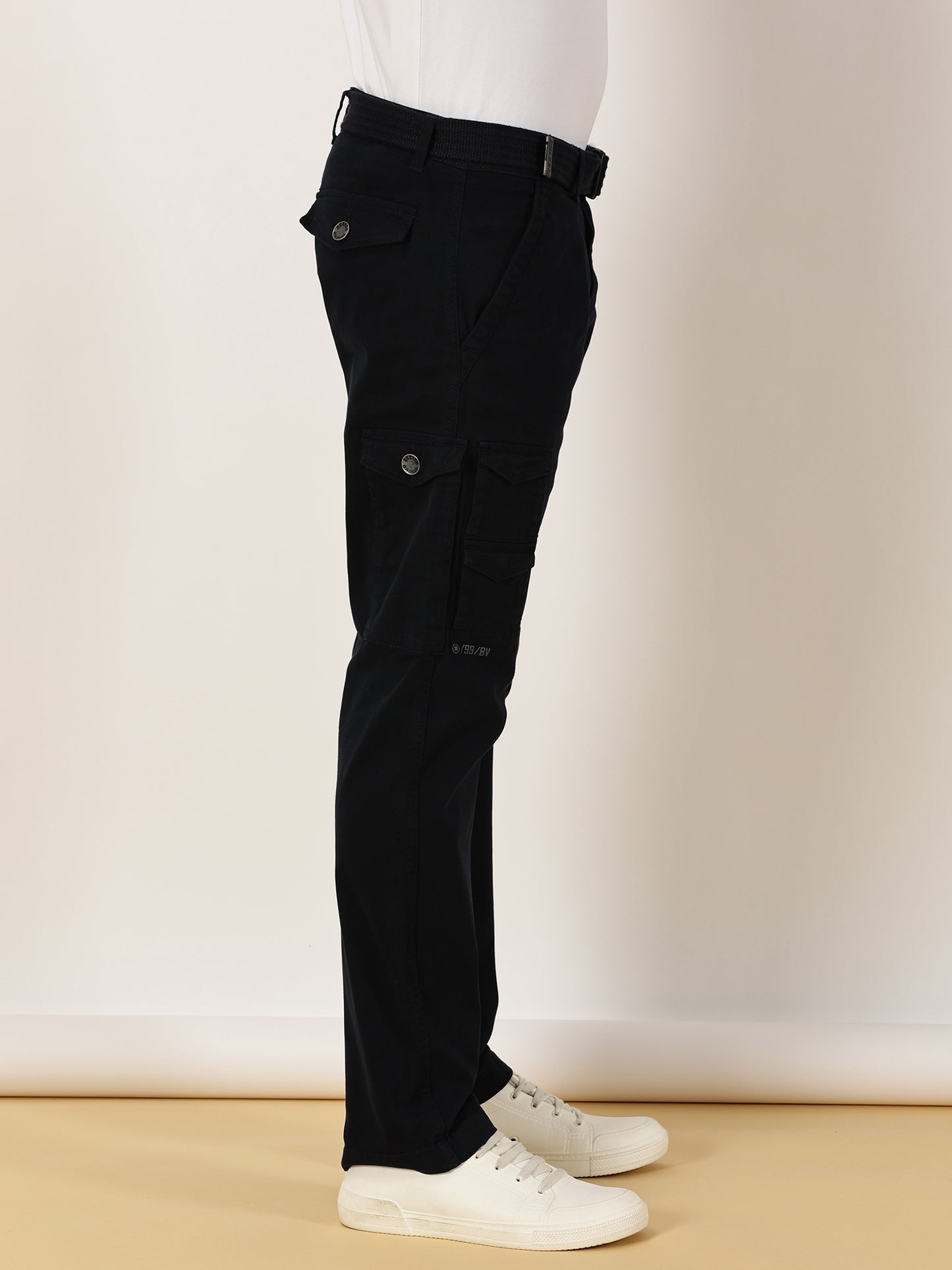 Zip Pocket Stretchable Navy Cargo With Belt
