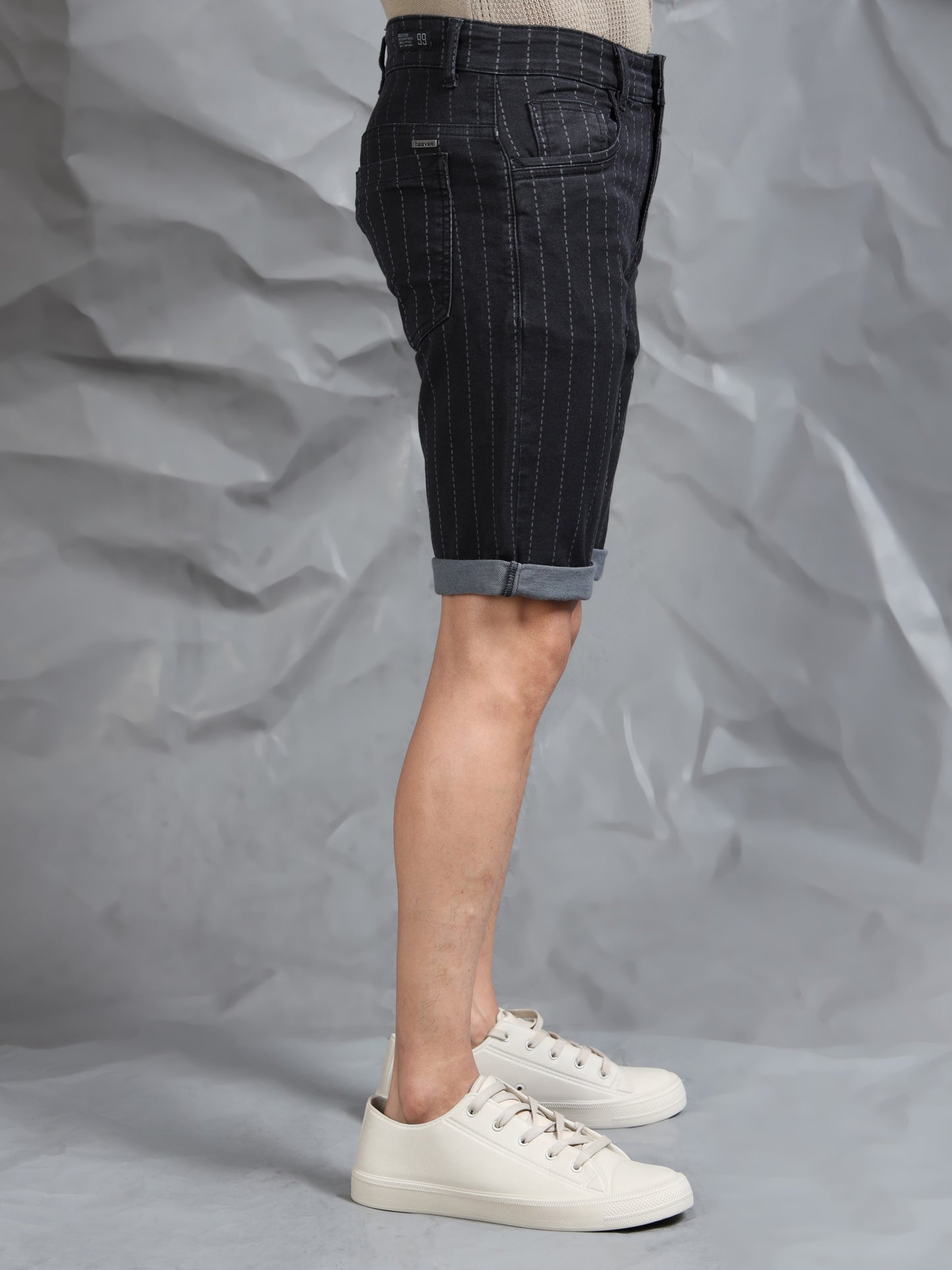 Black Striped Cotton Blend Denim Shorts
