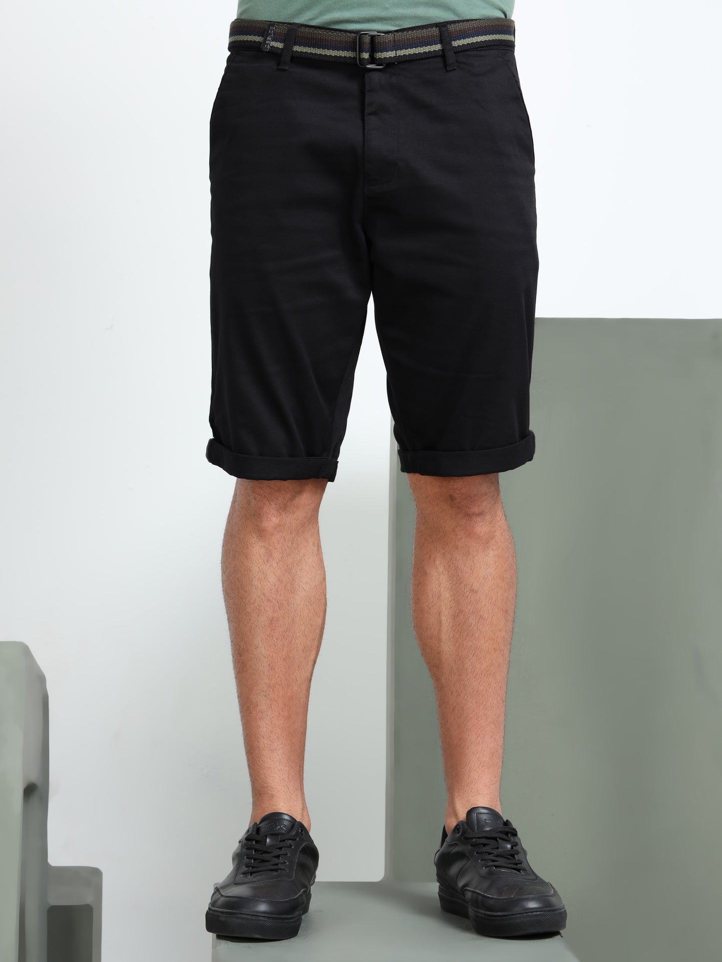 Solid Mid Rise Black Casual Shorts