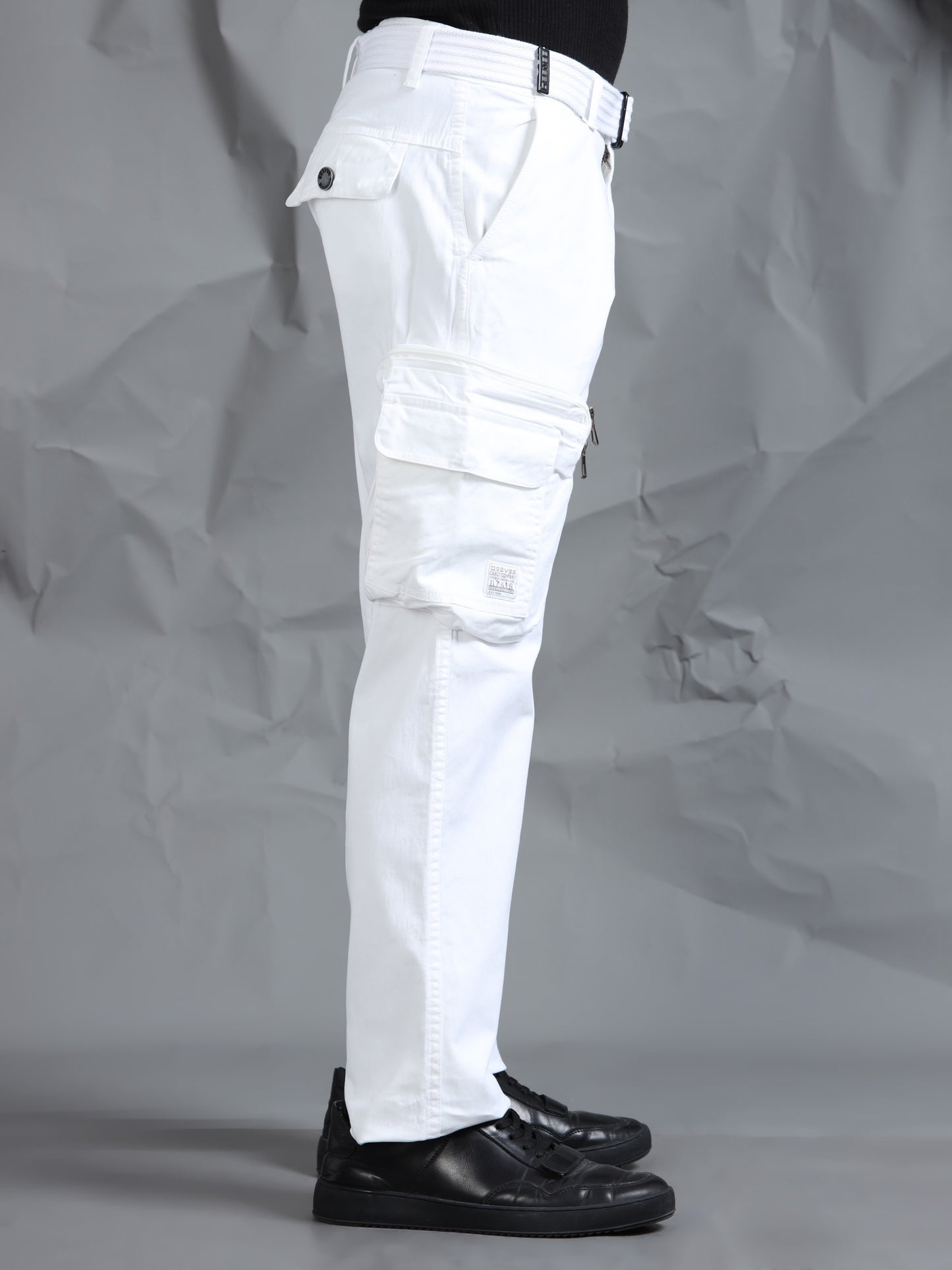 Cotton Lycra  White Mid Rise Cargo Pant with 8 Pockets