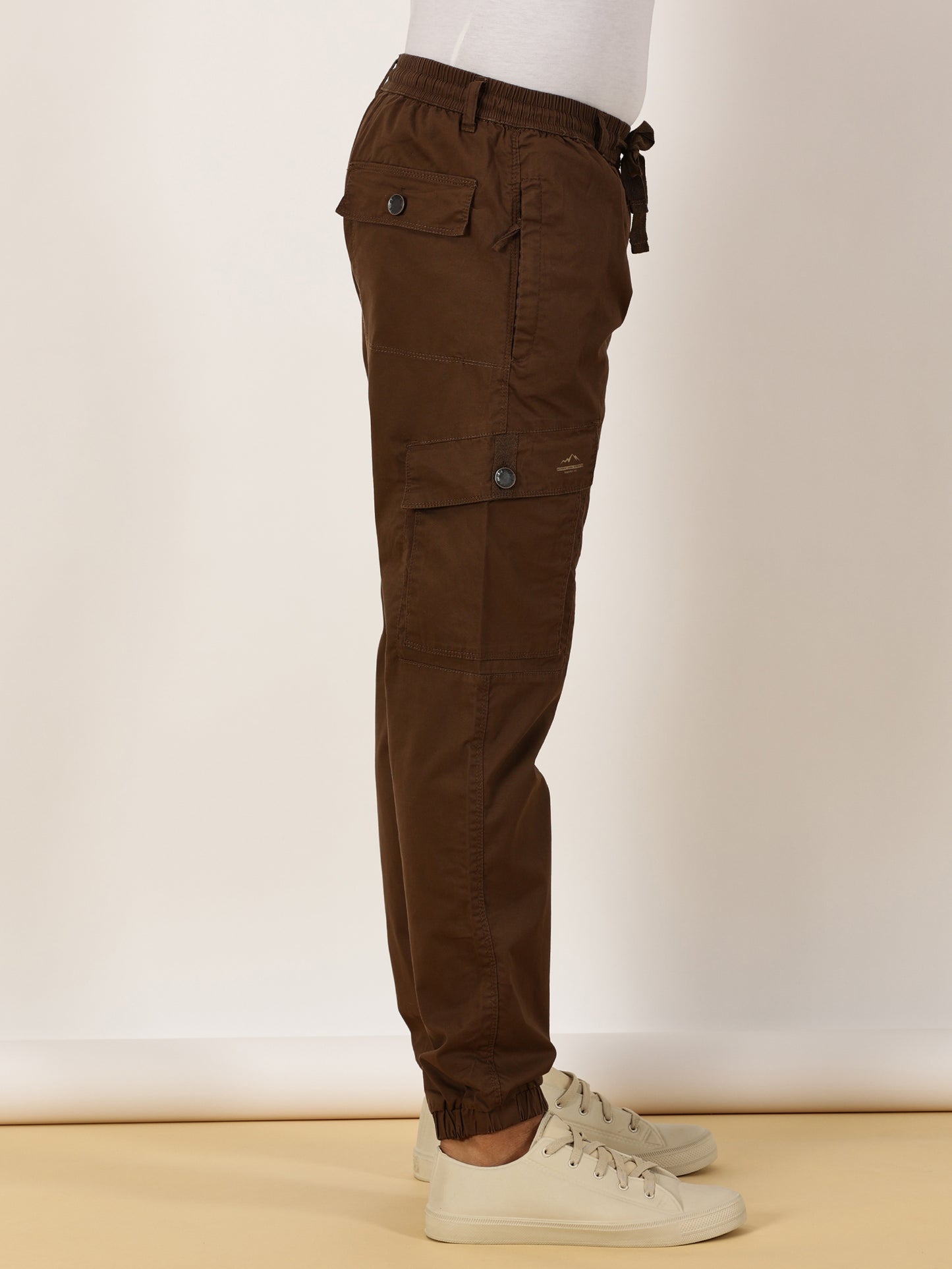 Elasticated Waist Zip Pocket Stretchable Brown Jogger Cargo