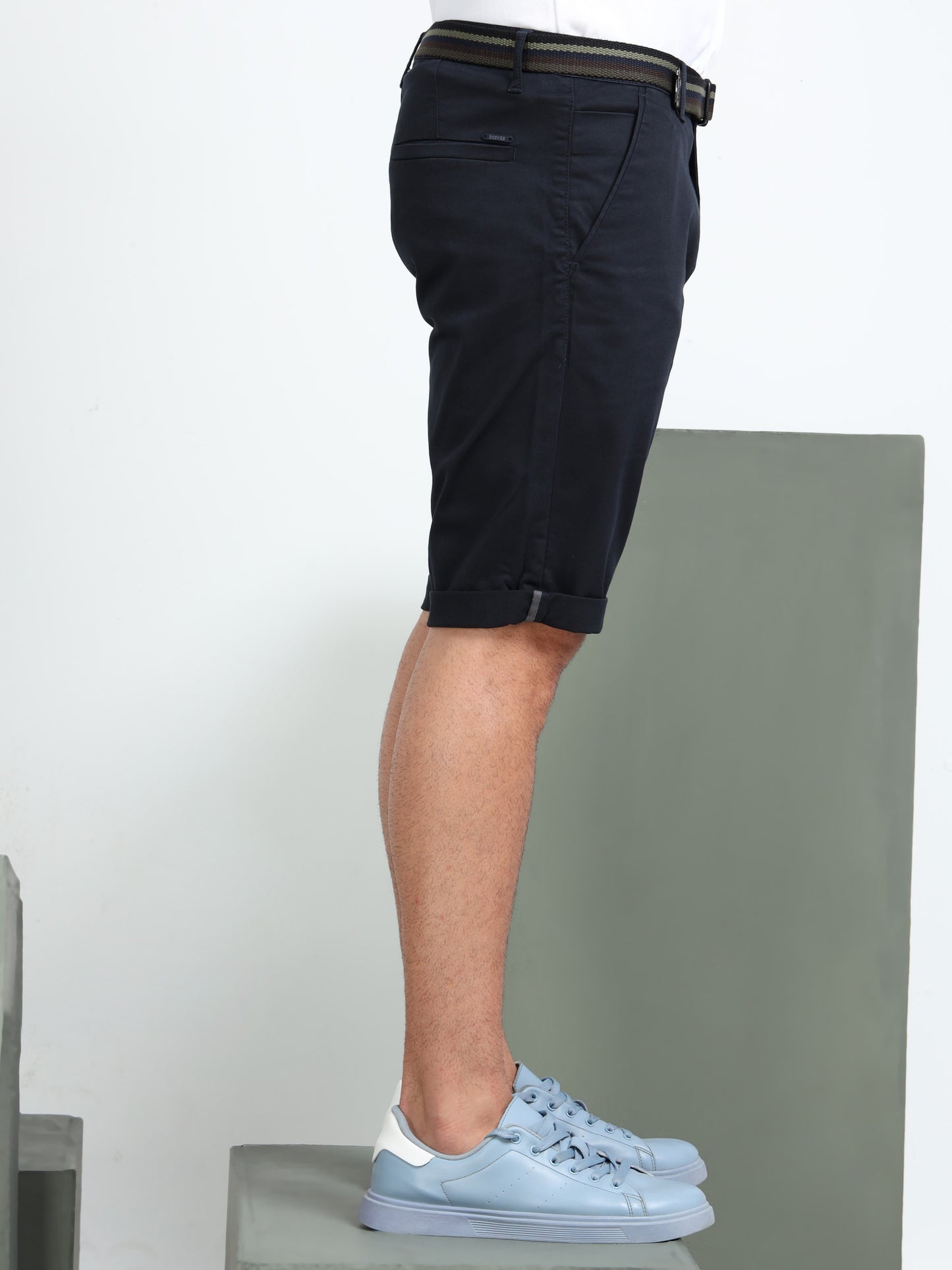 Solid Mid Rise Navy Blue Casual Shorts