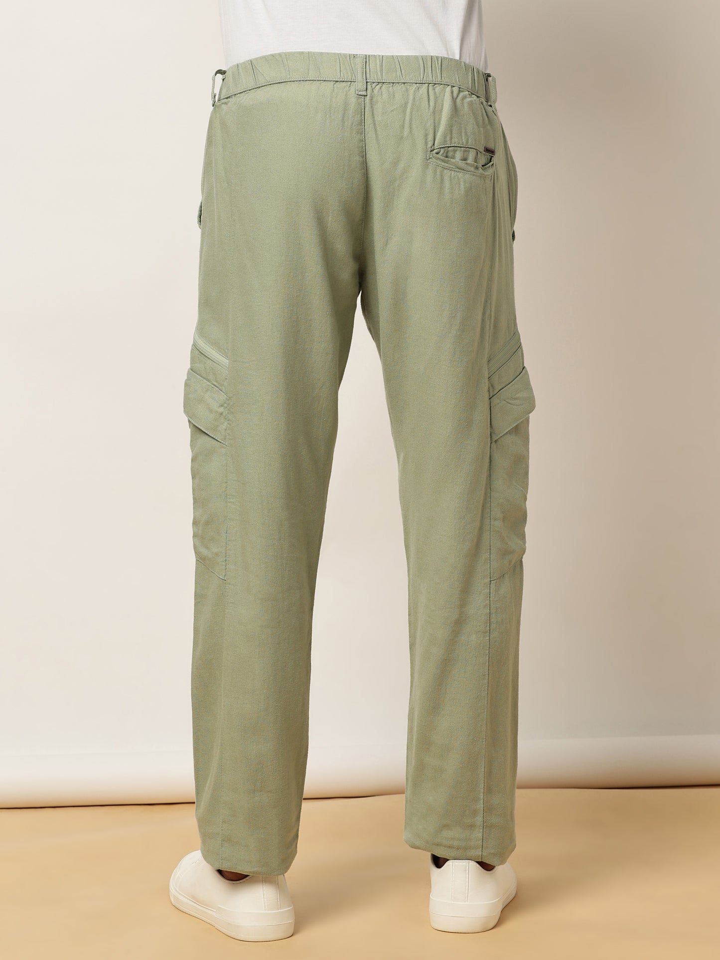 Linen Elasticated Waist Zip Pocket Green Lounge Pants