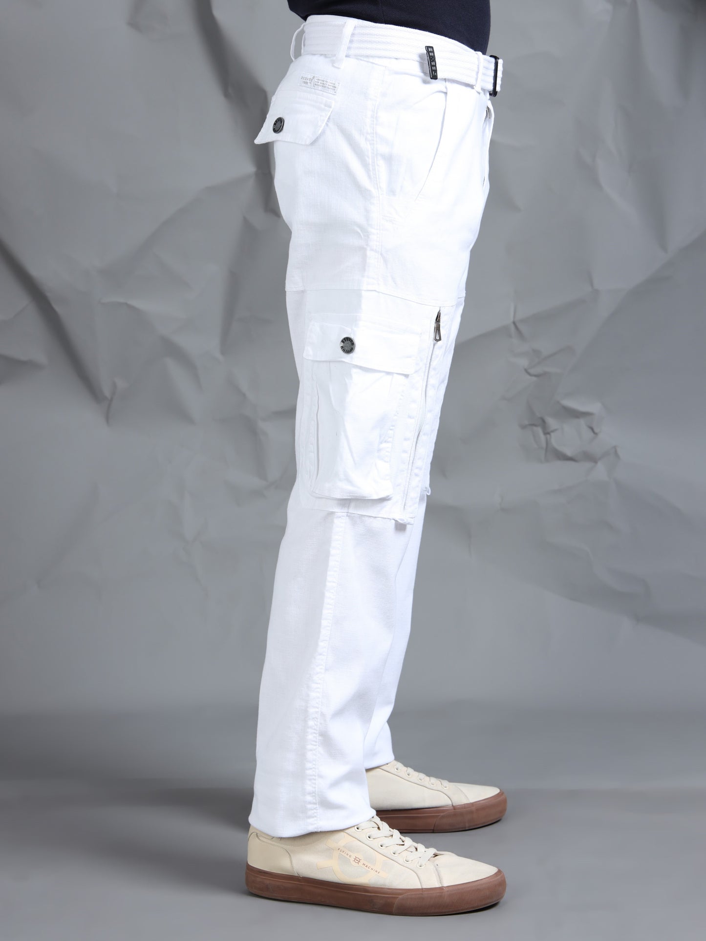 Cotton Lycra  White Mid Rise Cargo Pant with 8 Pockets
