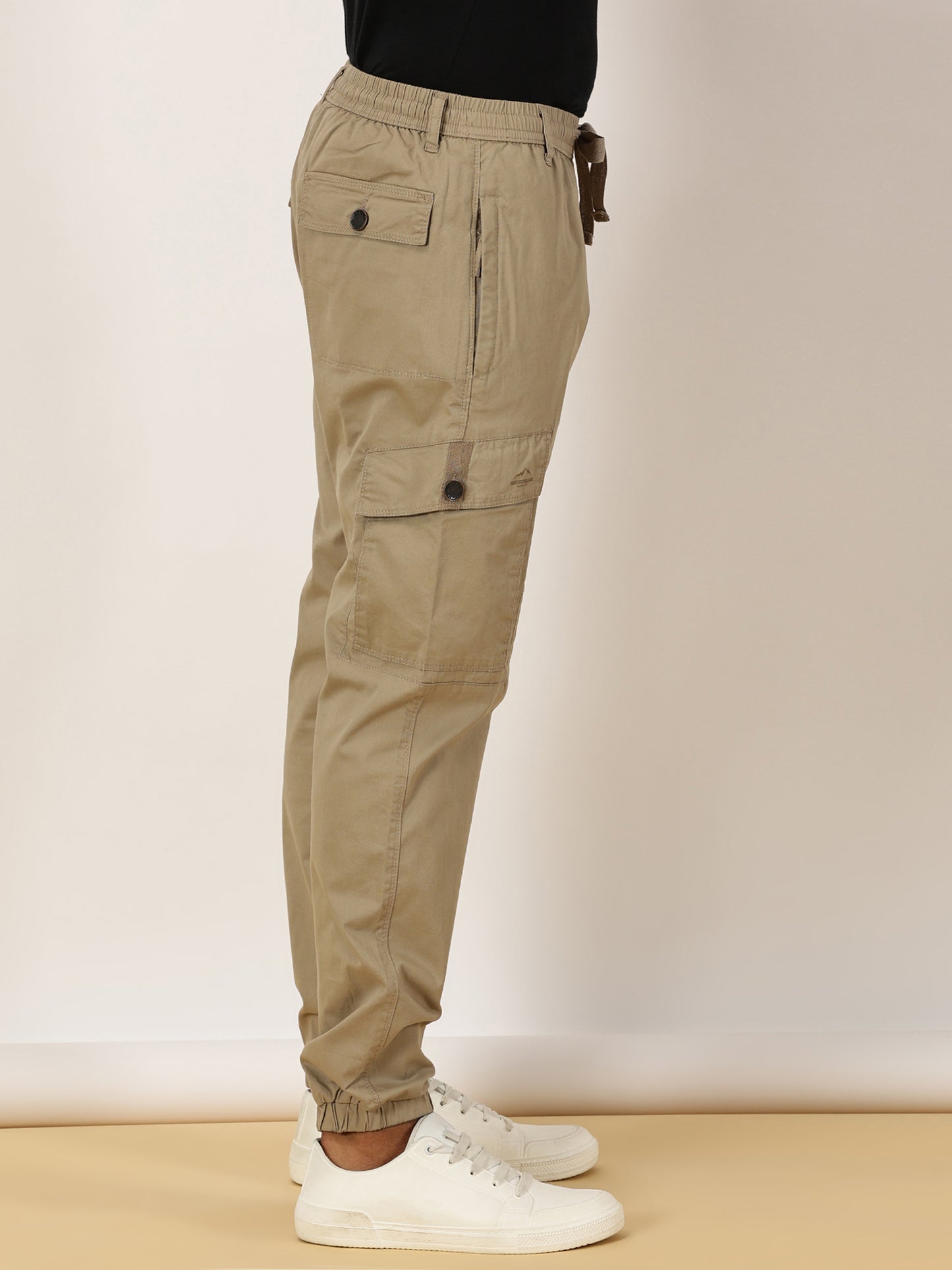 Elasticated Waist Zip Pocket Stretchable Beige Jogger Cargo