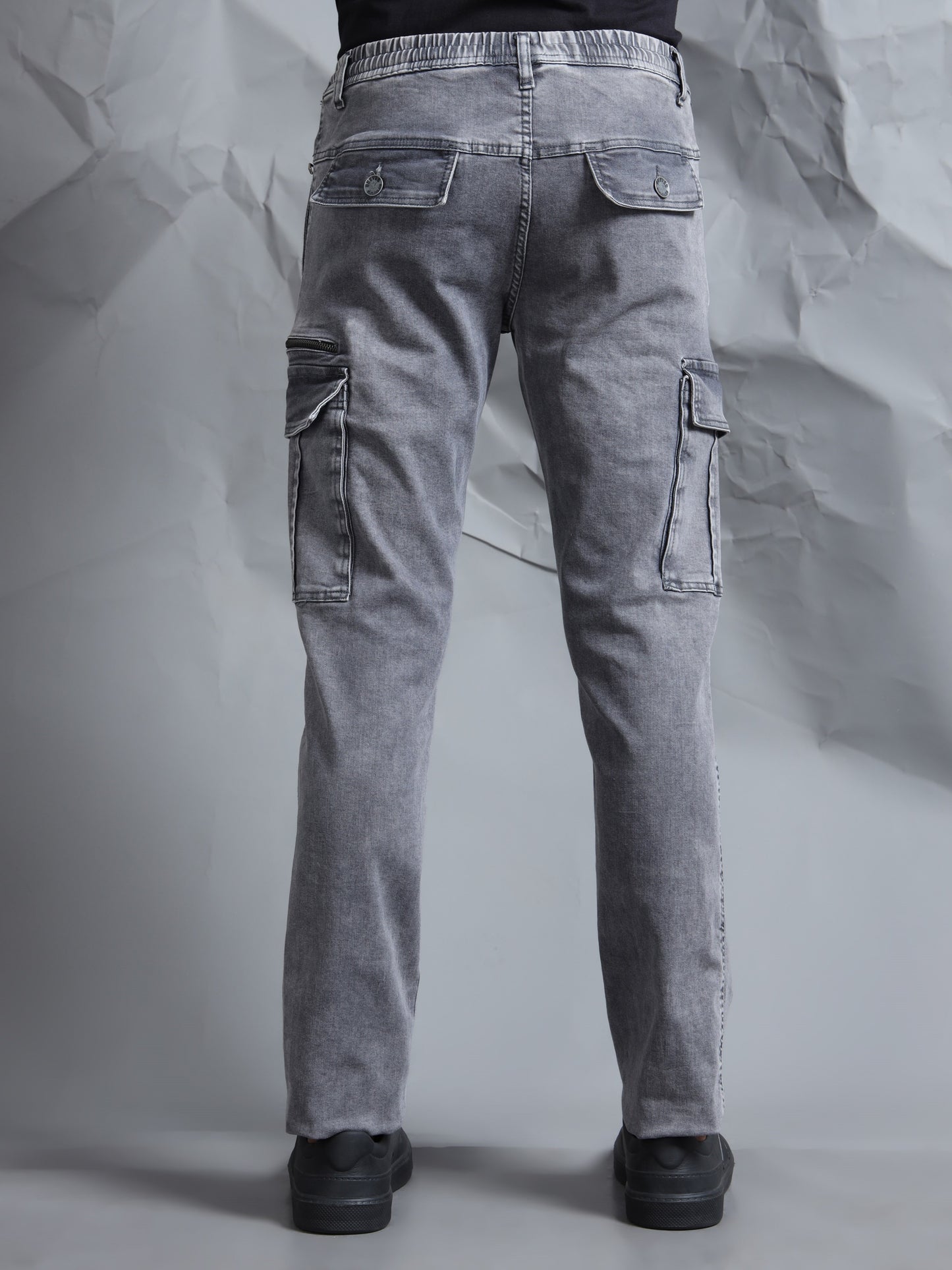 Cotton Lycra Grey  Mid Rise Cargo Pant with 7 Pockets  Drawstring Closure