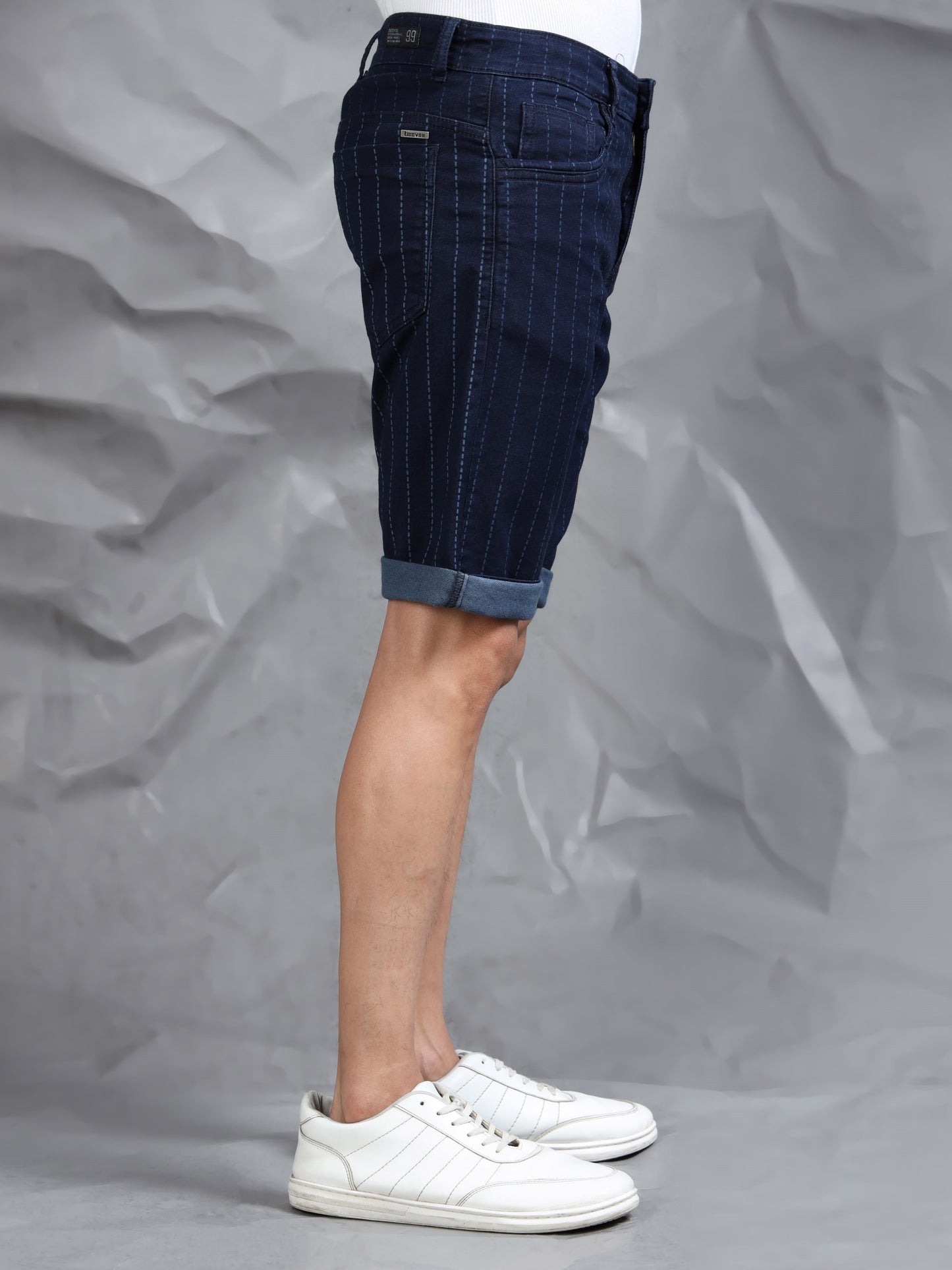 Indigo Striped Cotton Blend Denim Shorts