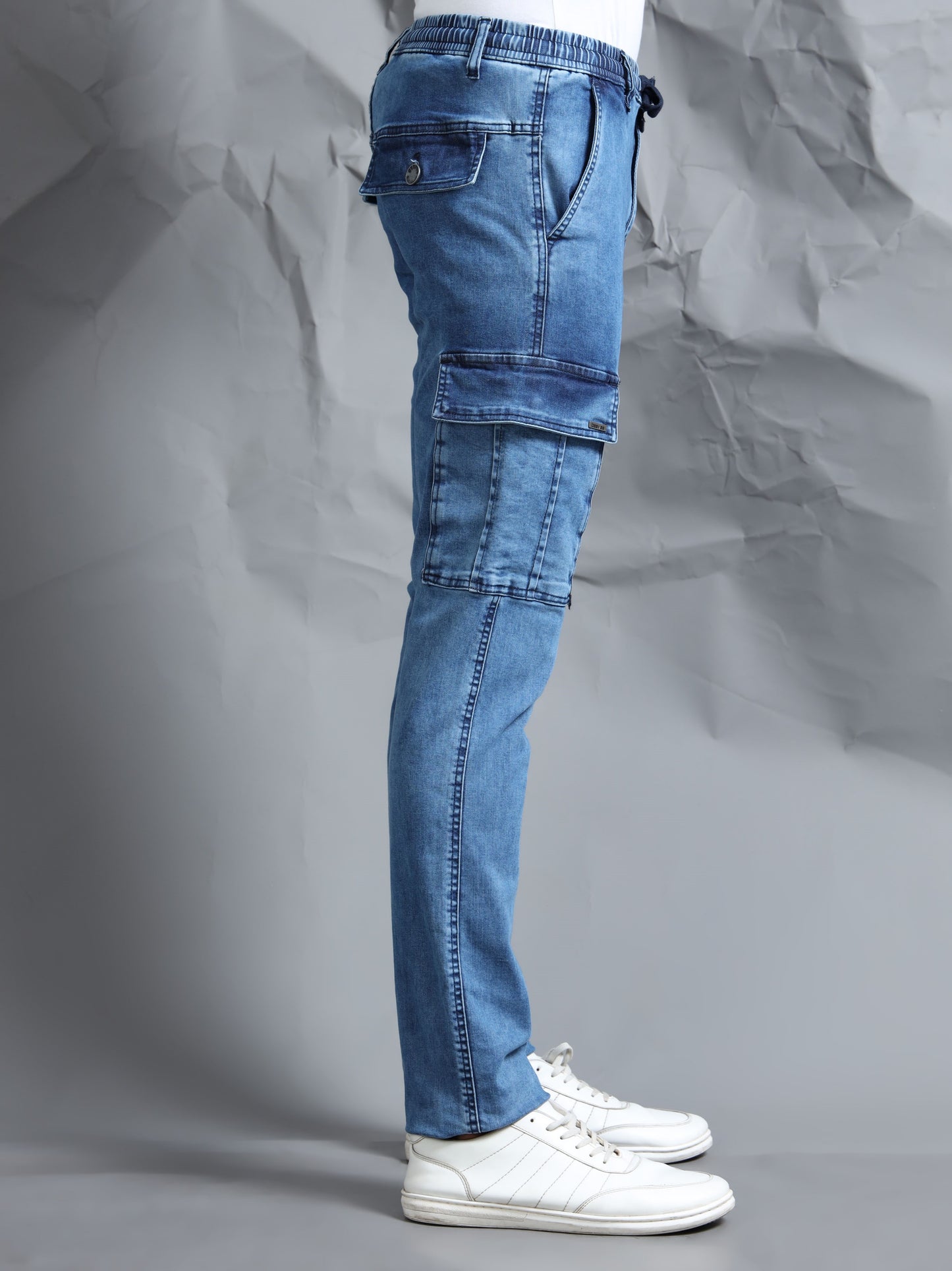 Cotton Lycra Indigo  Mid Rise Cargo Pant with 7 Pockets  Drawstring Closure
