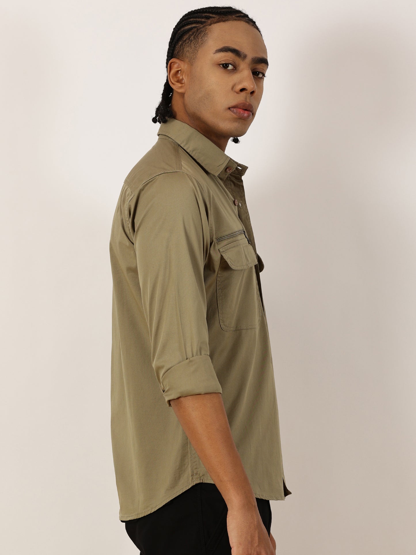 Zip Pocket Stretchable Olive Cargo Shirt