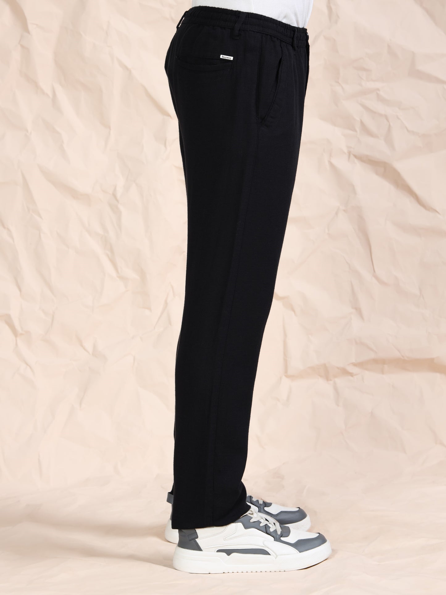 Black Cotton Linen Solid Mid Rise Pyjama