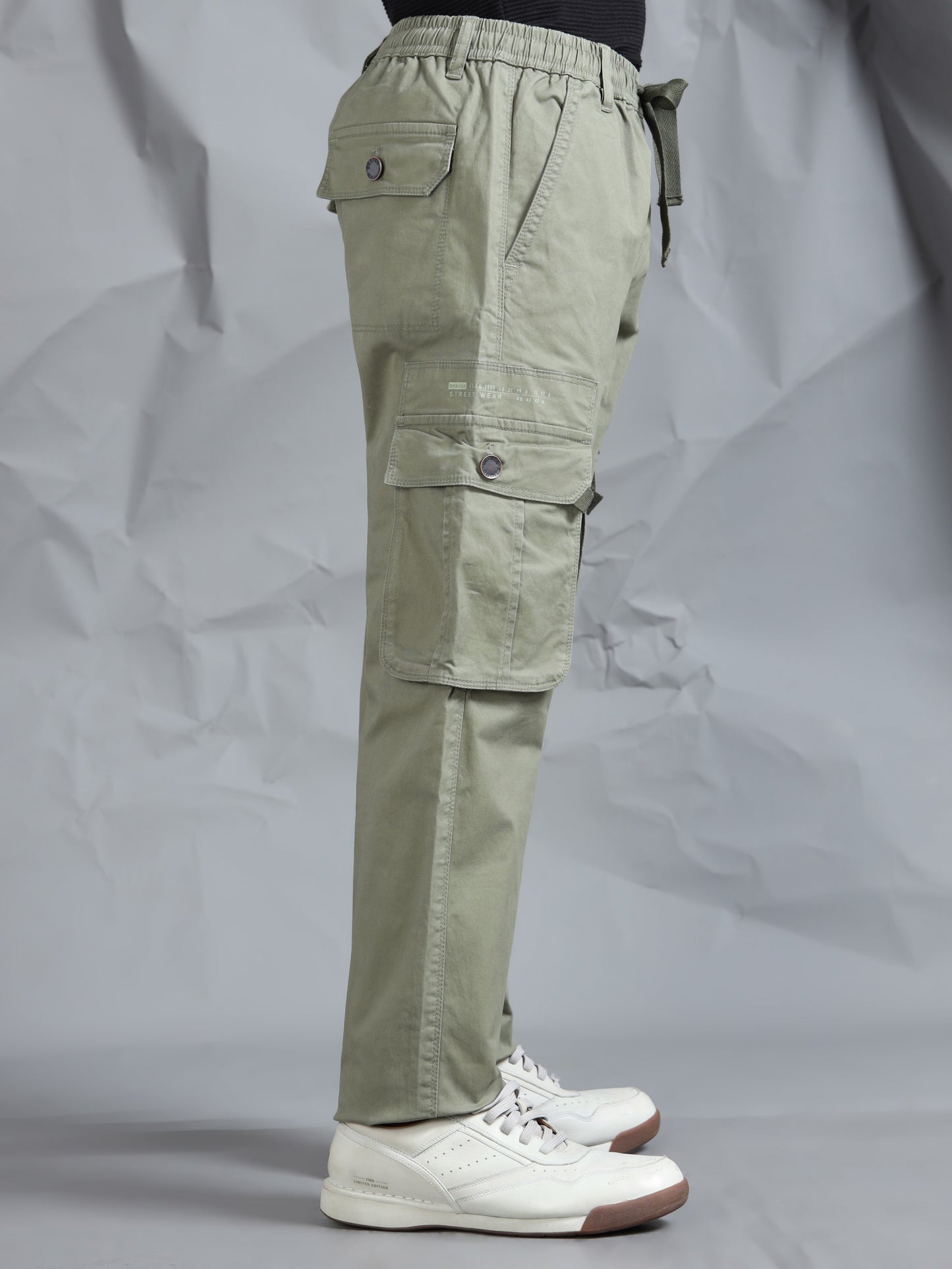 Cotton Lycra Green  Mid Rise Cargo Pant with 7 Pockets  Drawstring Closure