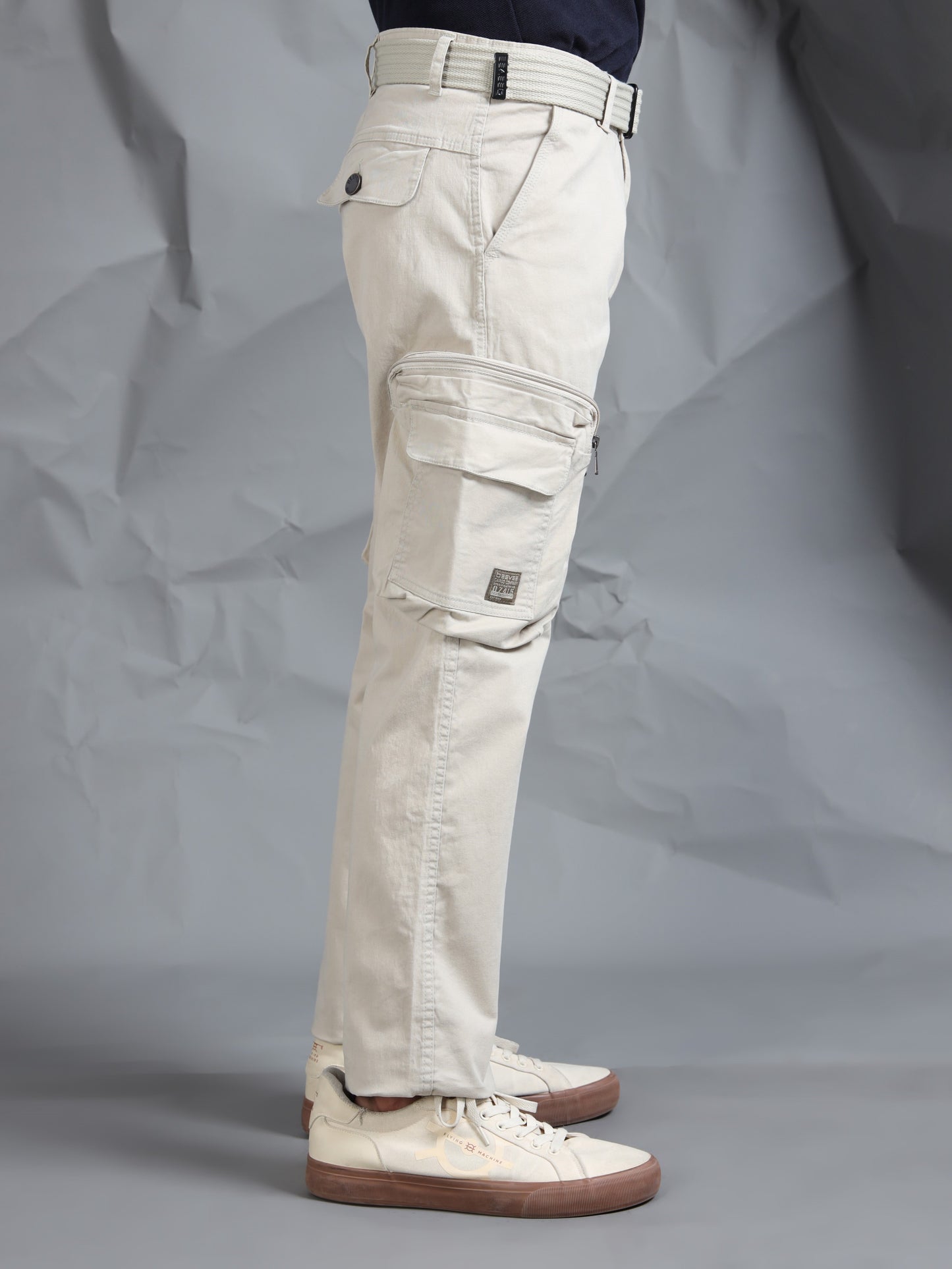 Cotton Lycra  Sand Mid Rise Cargo Pant with 8 Pockets